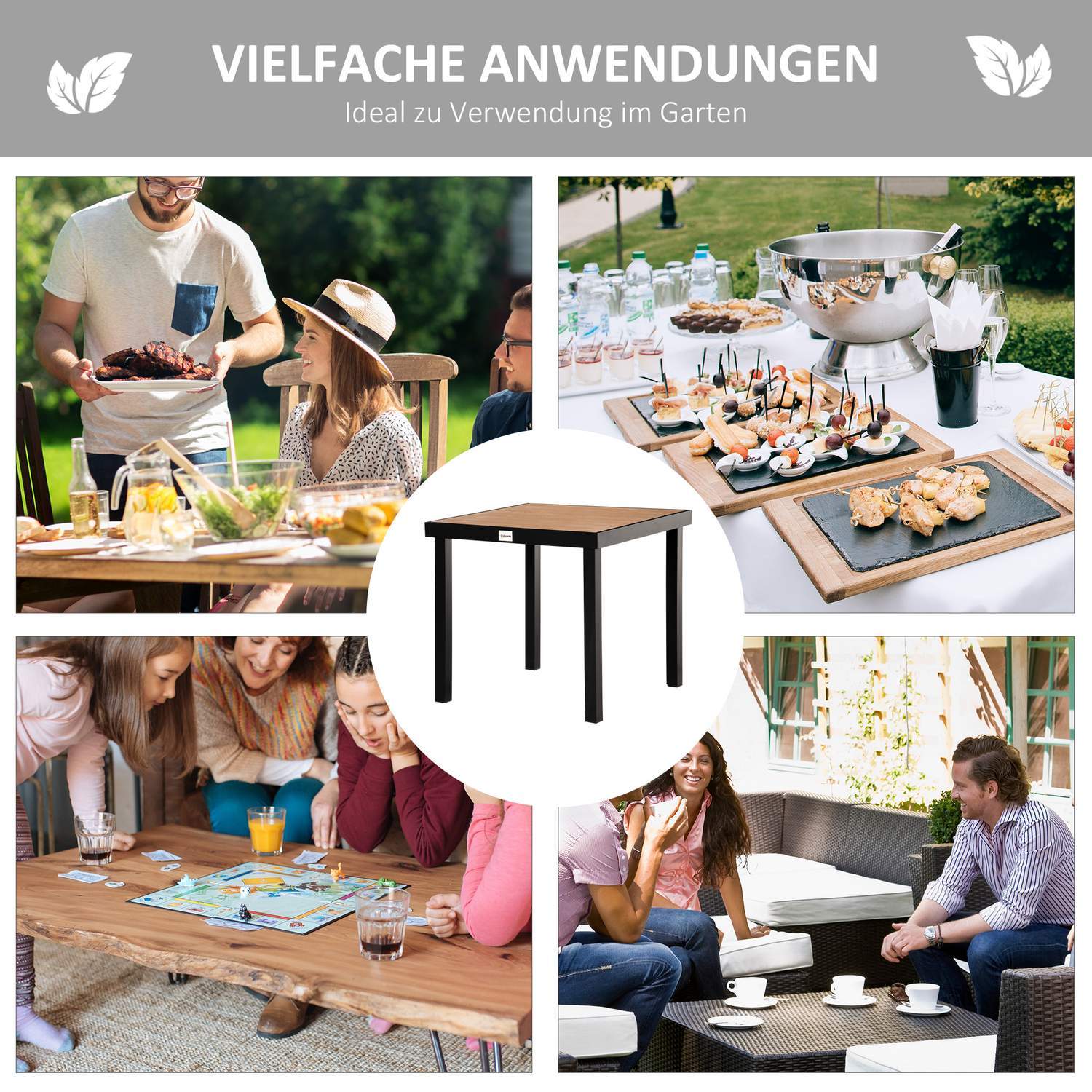 Hagebord for 4 personer, Spisebord, Aluminiumsbord, Hagemøbler, Loungemøbler, Lettstelt plast, Natur + Sort, 80 X 80 X 74 Cm