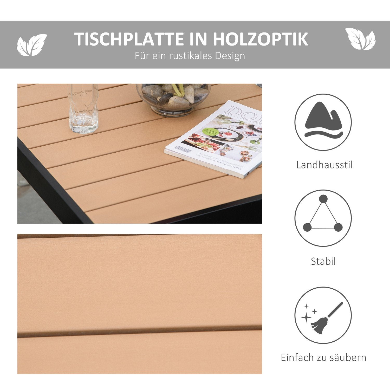 Hagebord for 4 personer, Spisebord, Aluminiumsbord, Hagemøbler, Loungemøbler, Lettstelt plast, Natur + Sort, 80 X 80 X 74 Cm