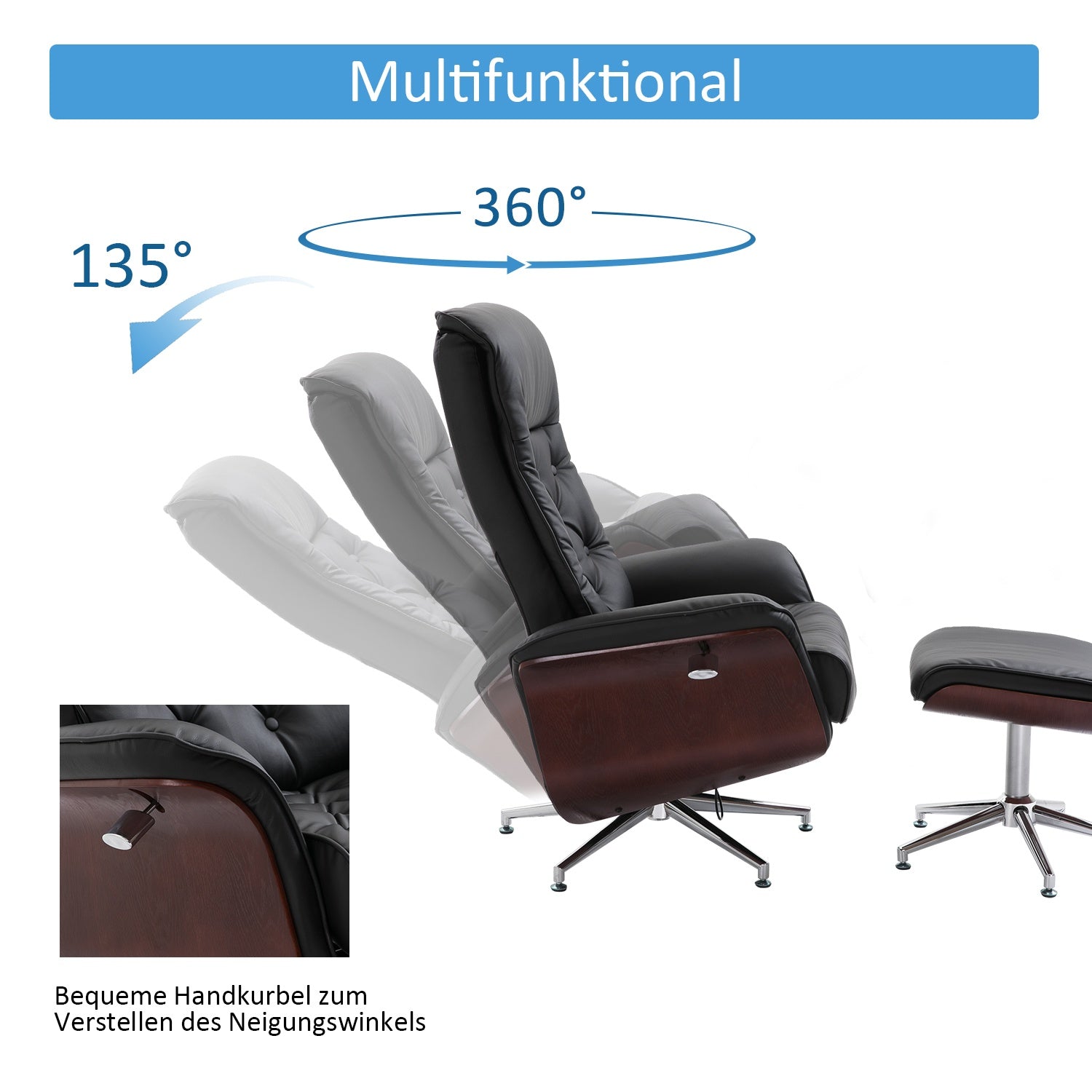 Chesterfield avkopplingsstol och pall, 360° vridbar, PU-läder