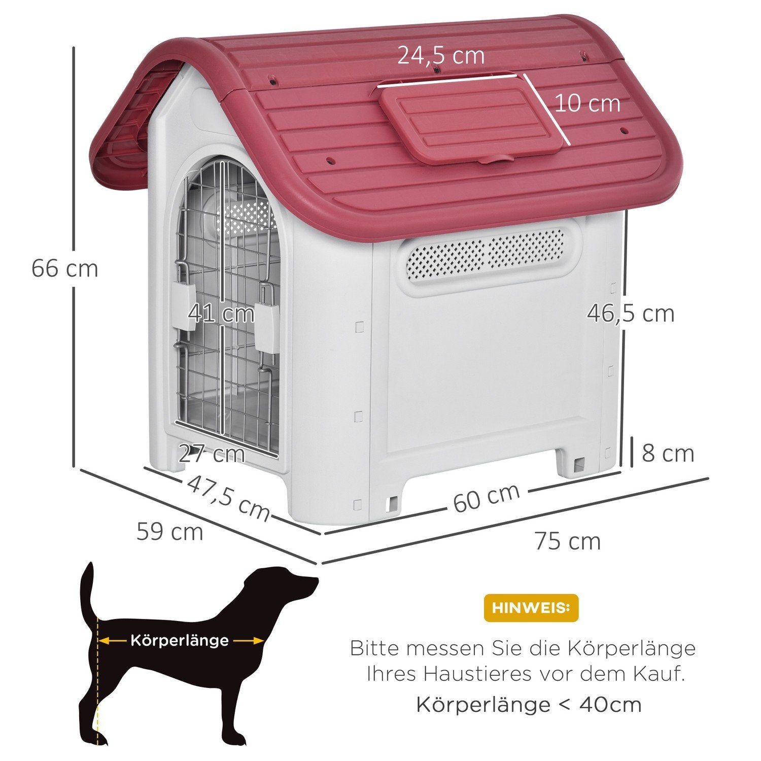 Hundkennel Utomhus Hundhus Med Taklucka Grindskydd För Små Hundar Små Djurskjul Luftcirkulation Vattentät Metall Pp Röd+Ljusgrå