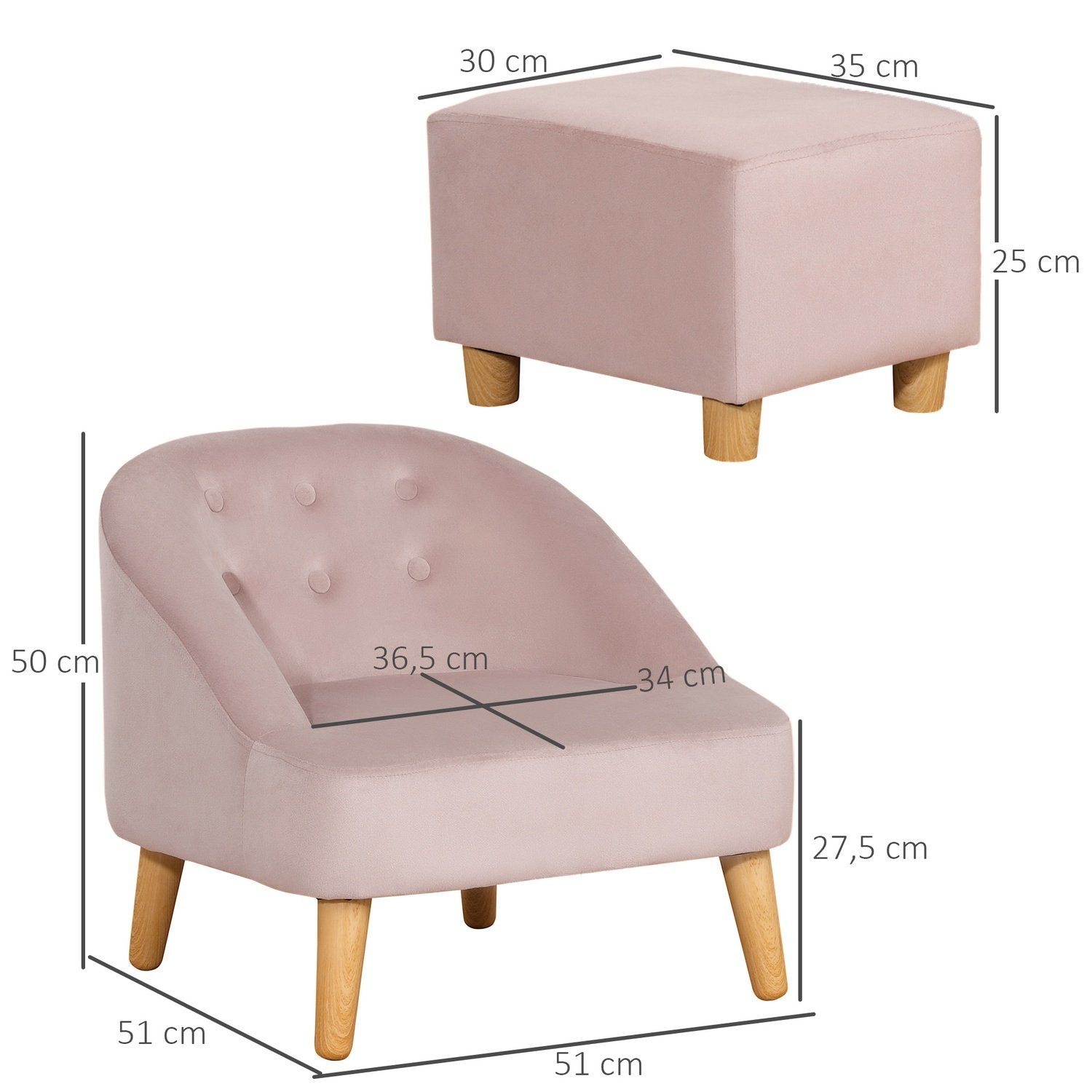 Lenestol for barn med fotskammel, komfortabel sofa for barn fra 3 år og oppover, fløyelslook, eukalyptustre, rosa, 51X51X50Cm