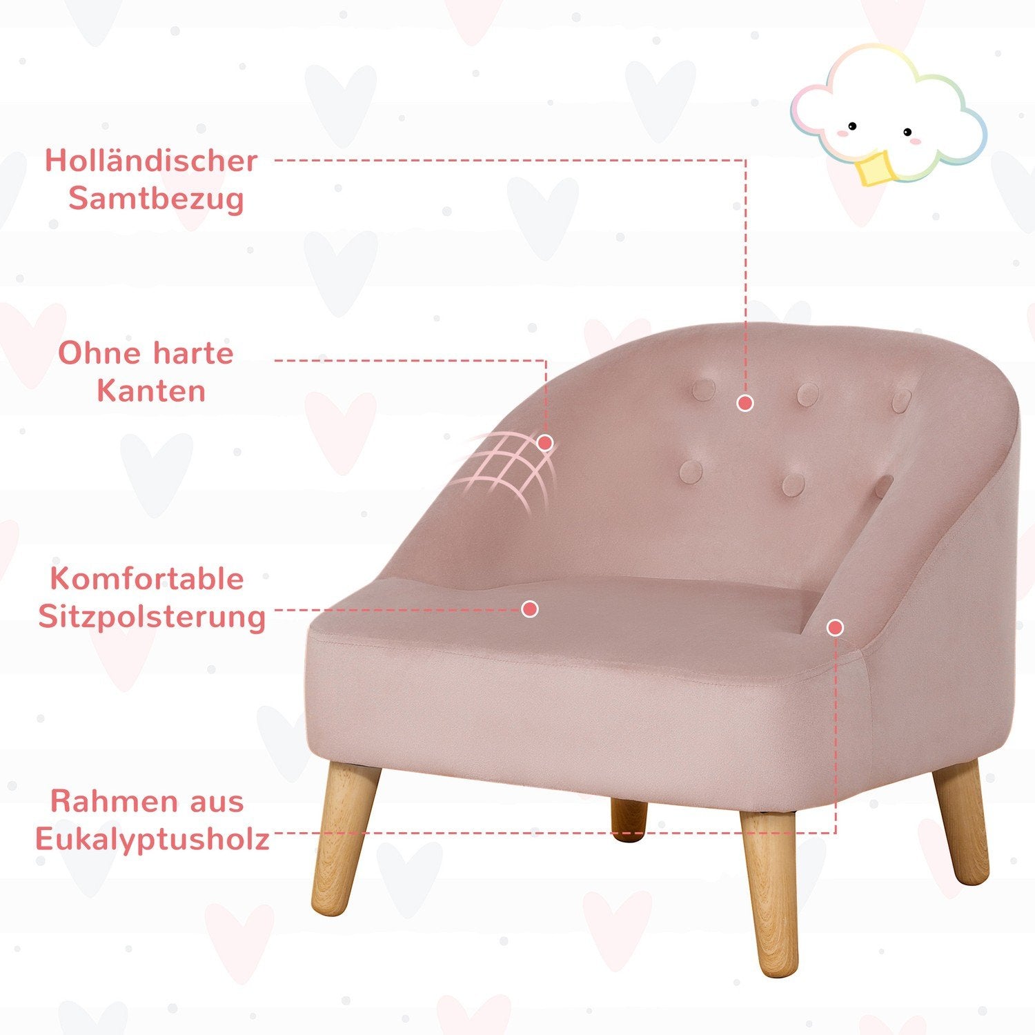 Lenestol for barn med fotskammel, komfortabel sofa for barn fra 3 år og oppover, fløyelslook, eukalyptustre, rosa, 51X51X50Cm