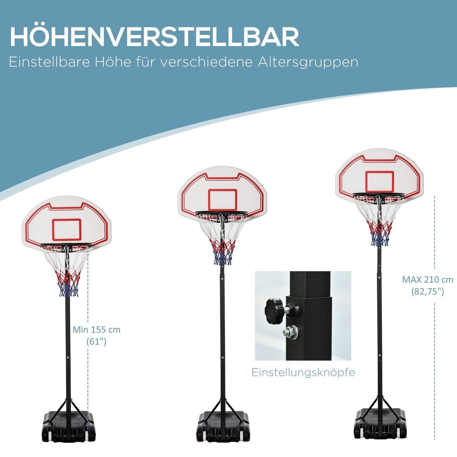 Basketsystem För Barn Rullbar Höjd Justerbar 194-249 Cm Vattenfyllbar Pe Stål Svart