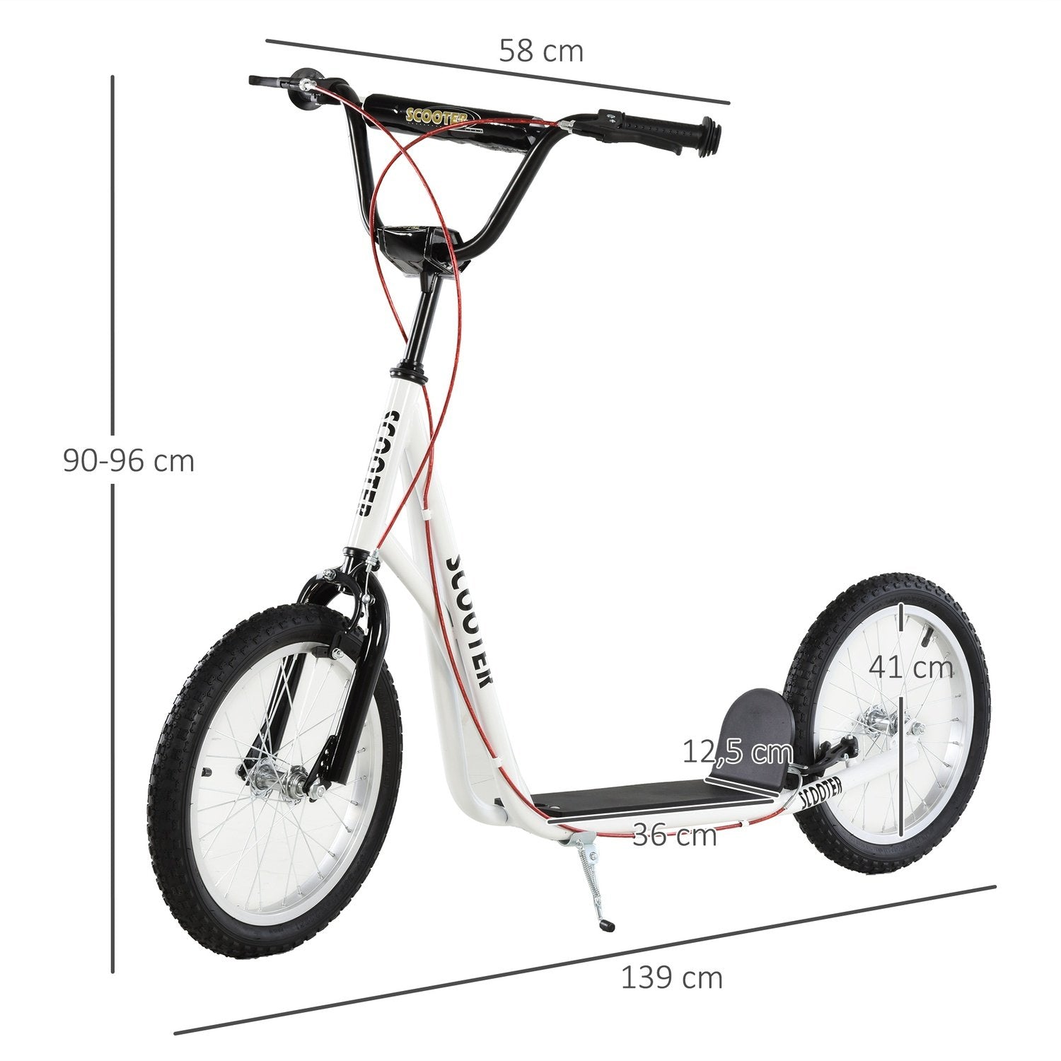 Barnescooter, Byscooter, Kickscooter, Barnesparker med luftdekk og håndbrems, scooter, barn, vanntett, sammenleggbar fra 5 år, 16 tommer, hvit, 139 x 58 x 90-96 cm