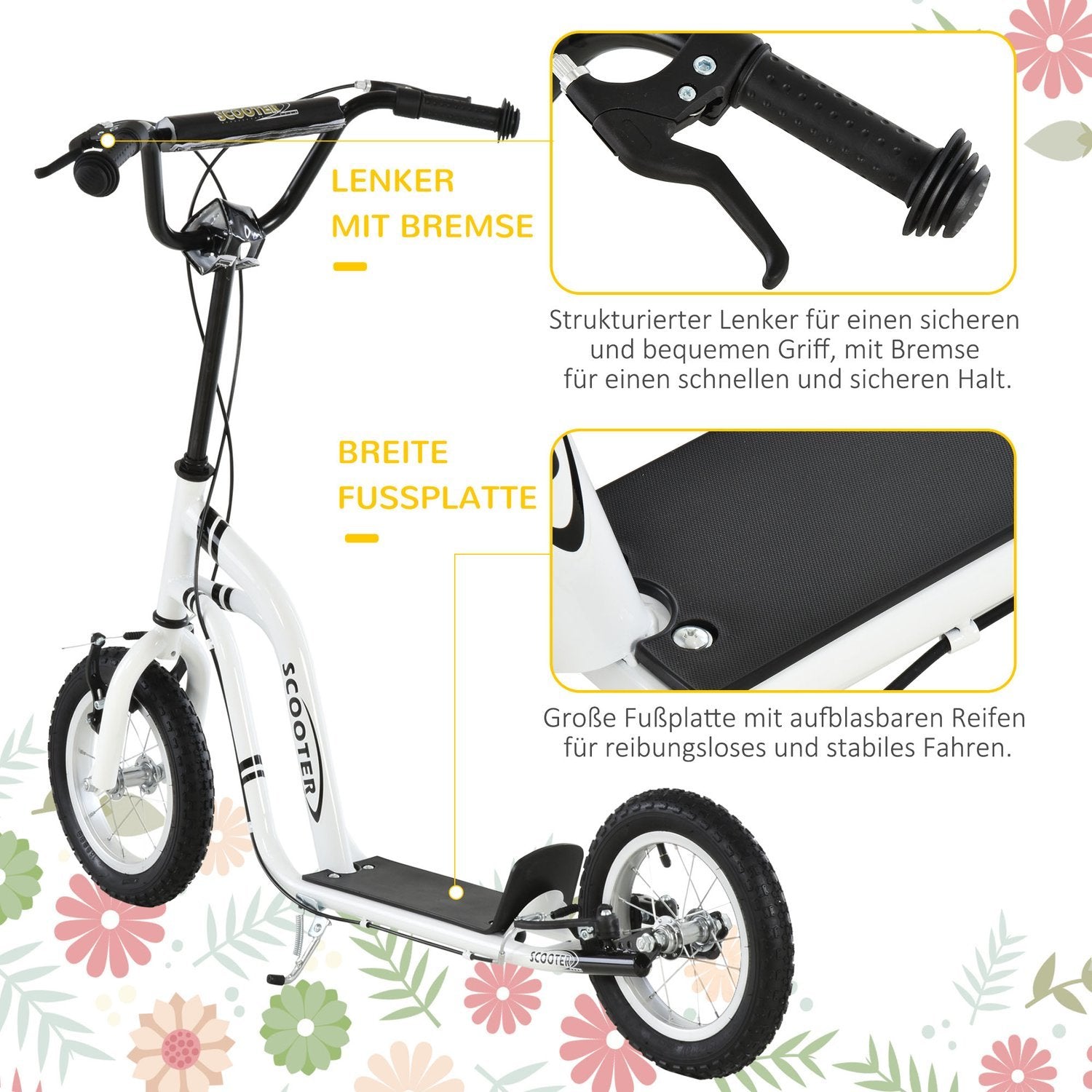 Barnescooter fra 5 år, barnescooter, byscooter med pneumatiske dekk, 12 tommer, gummi, aluminium, hvit