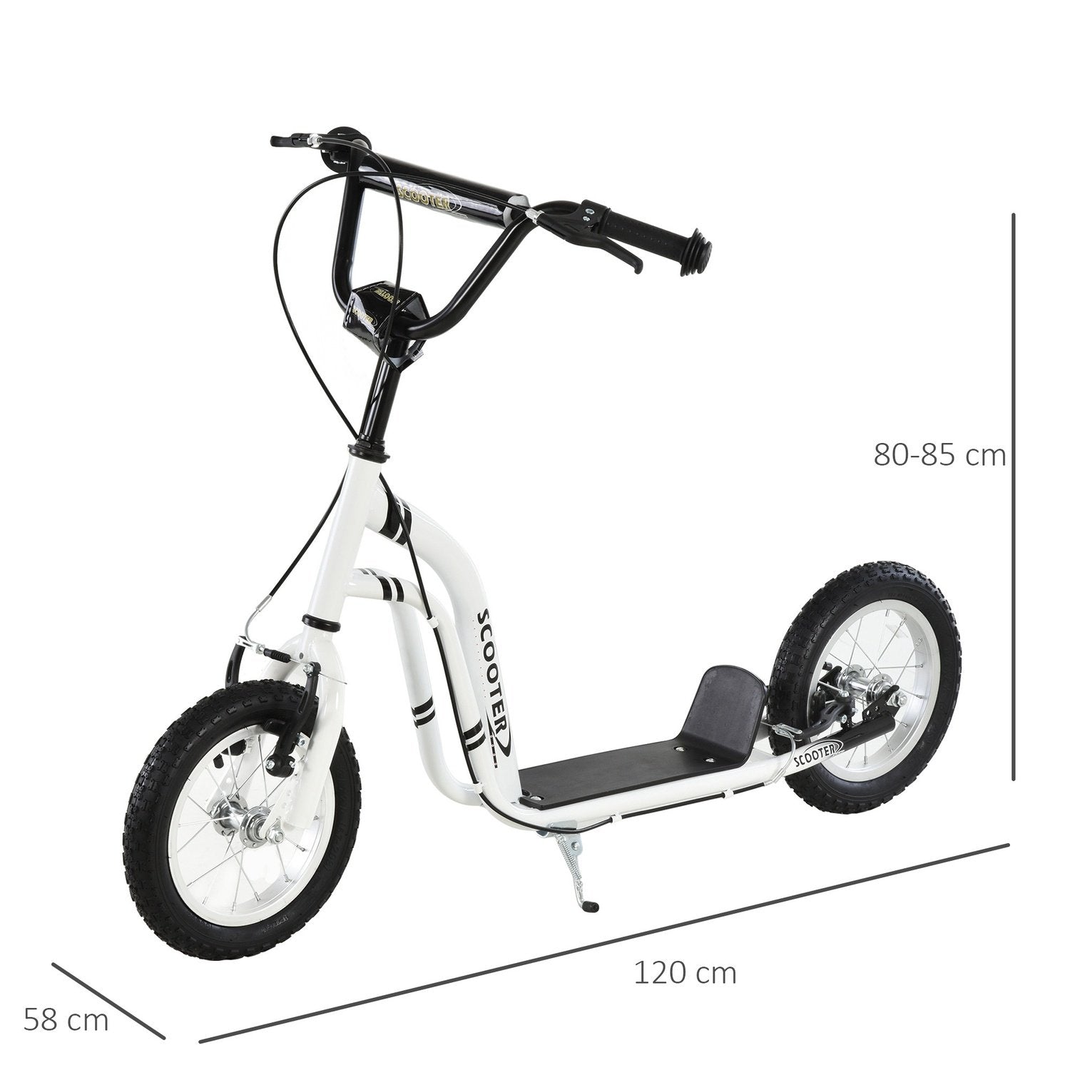 Barnescooter fra 5 år, barnescooter, byscooter med pneumatiske dekk, 12 tommer, gummi, aluminium, hvit