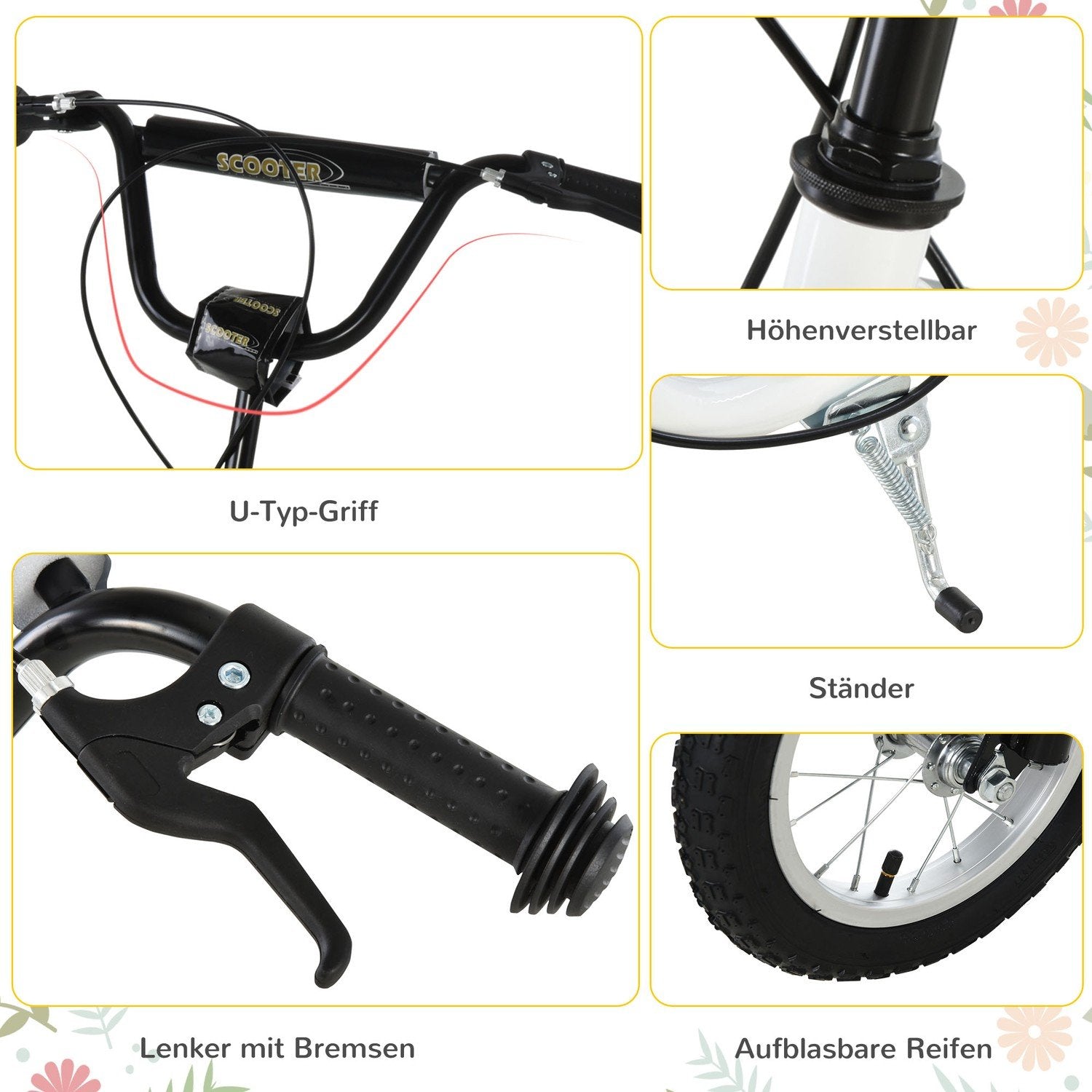 Barnescooter fra 5 år, barnescooter, byscooter med pneumatiske dekk, 12 tommer, gummi, aluminium, hvit