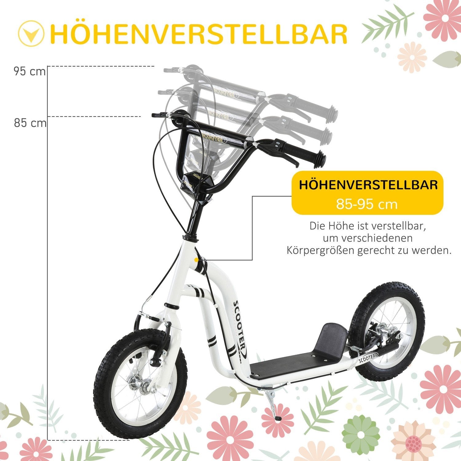 Barnescooter fra 5 år, barnescooter, byscooter med pneumatiske dekk, 12 tommer, gummi, aluminium, hvit