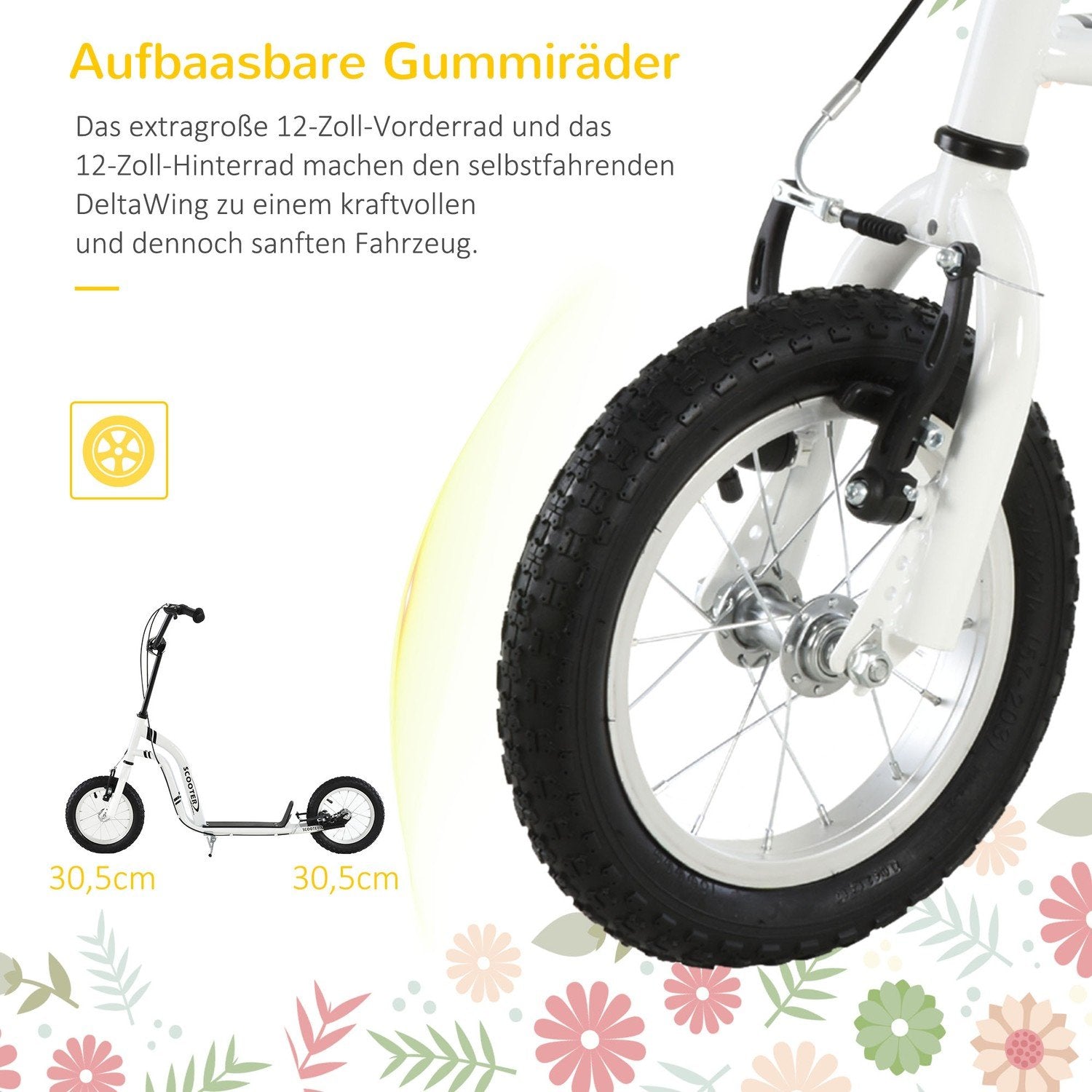 Barnescooter fra 5 år, barnescooter, byscooter med pneumatiske dekk, 12 tommer, gummi, aluminium, hvit