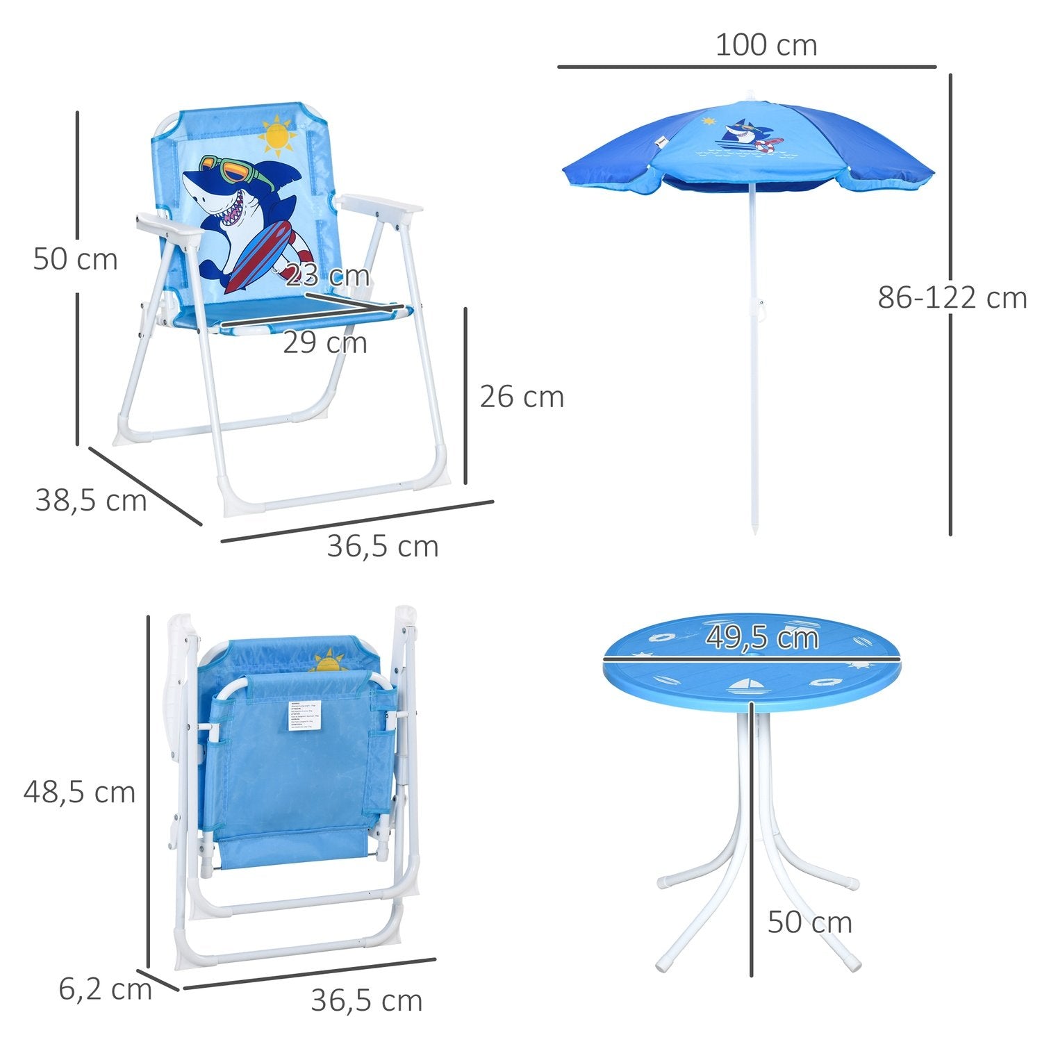 Sittegruppe for barn, Campingsett, Hagebord, 2 klappstoler, Parasoll, 3-6 år, Blå