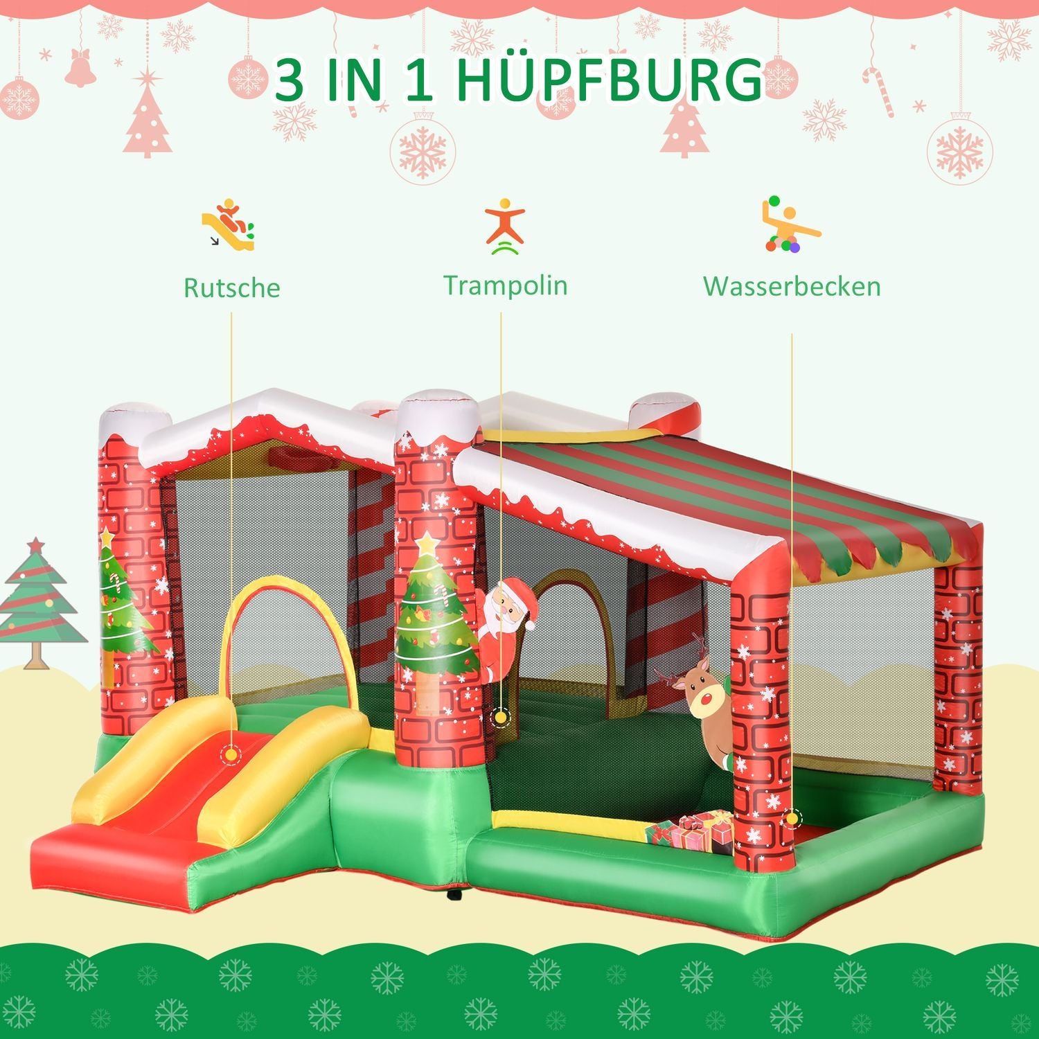 Juleoppblåsbare hoppeslott Leke Slott Trampoline Liten skli For 3 barn Med Blåser For 3-8 år Rød + Grønn