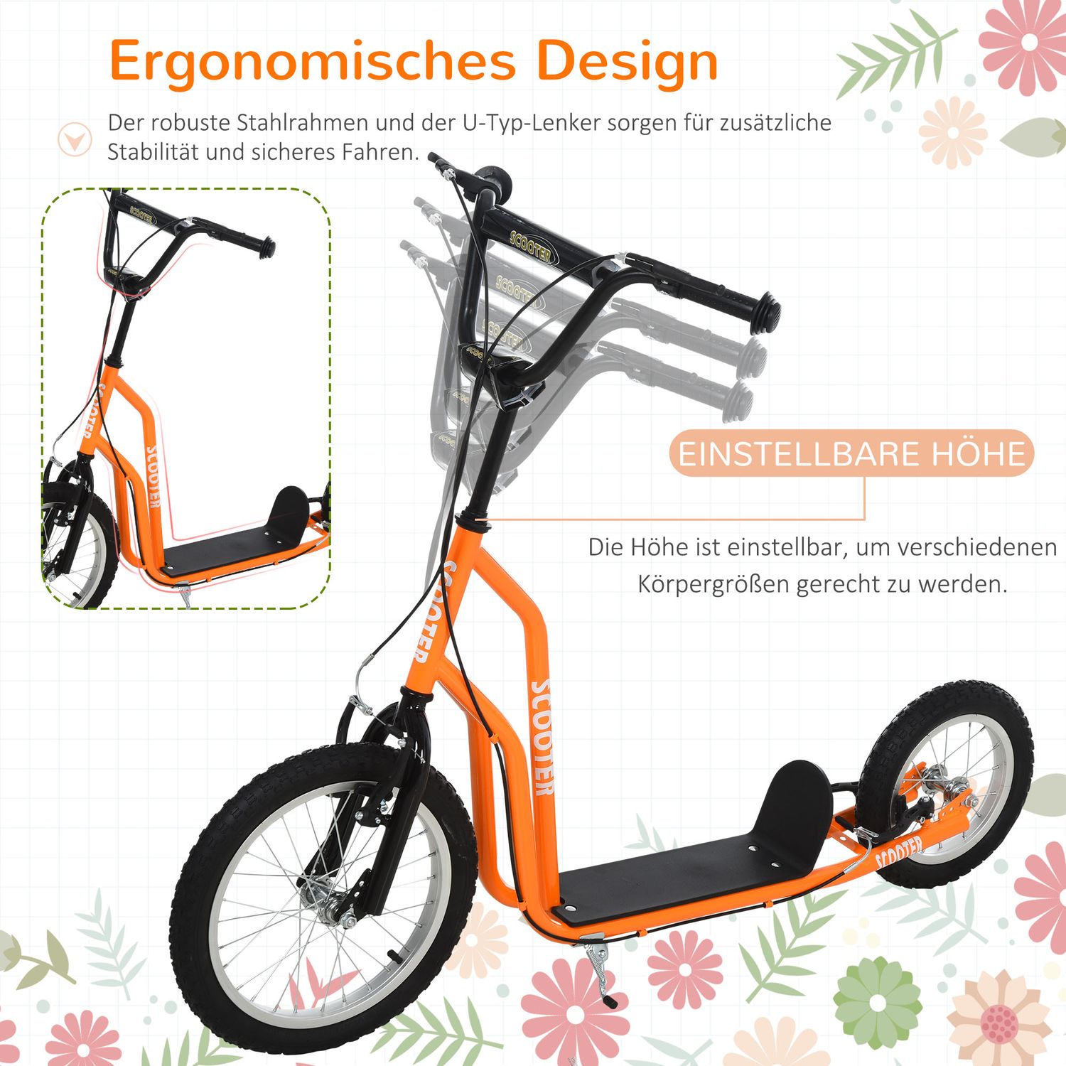 Cityscooter för barn, luftdäck, orange, 16/12 tum