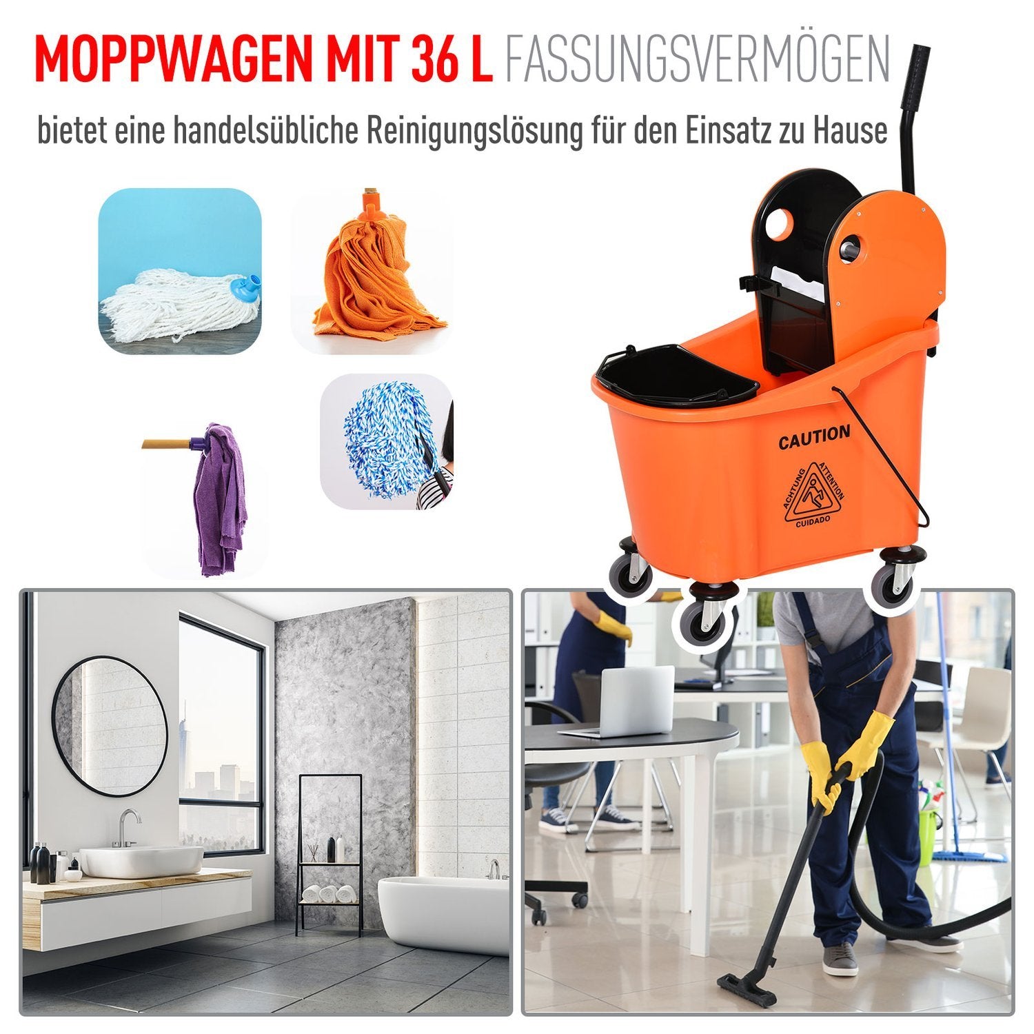 Städvagn, Mobil Hink Med Vridanordning, 36 Liter, Svart/Orange, 54X41X91,5Cm, För Professionell Rengöring