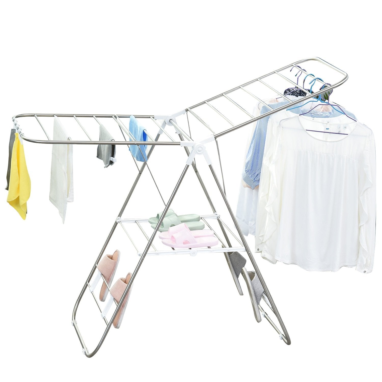 Clothes Airer Vikbar Bärbar Wing Tork Teleskopstänger Rostfritt Stål Plast Silver + Vit 146X60.5X98Cm