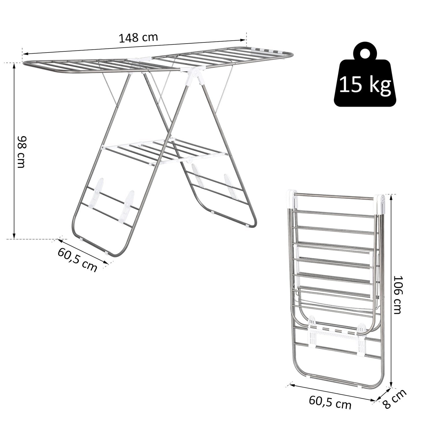 Clothes Airer Vikbar Bärbar Wing Tork Teleskopstänger Rostfritt Stål Plast Silver + Vit 146X60.5X98Cm