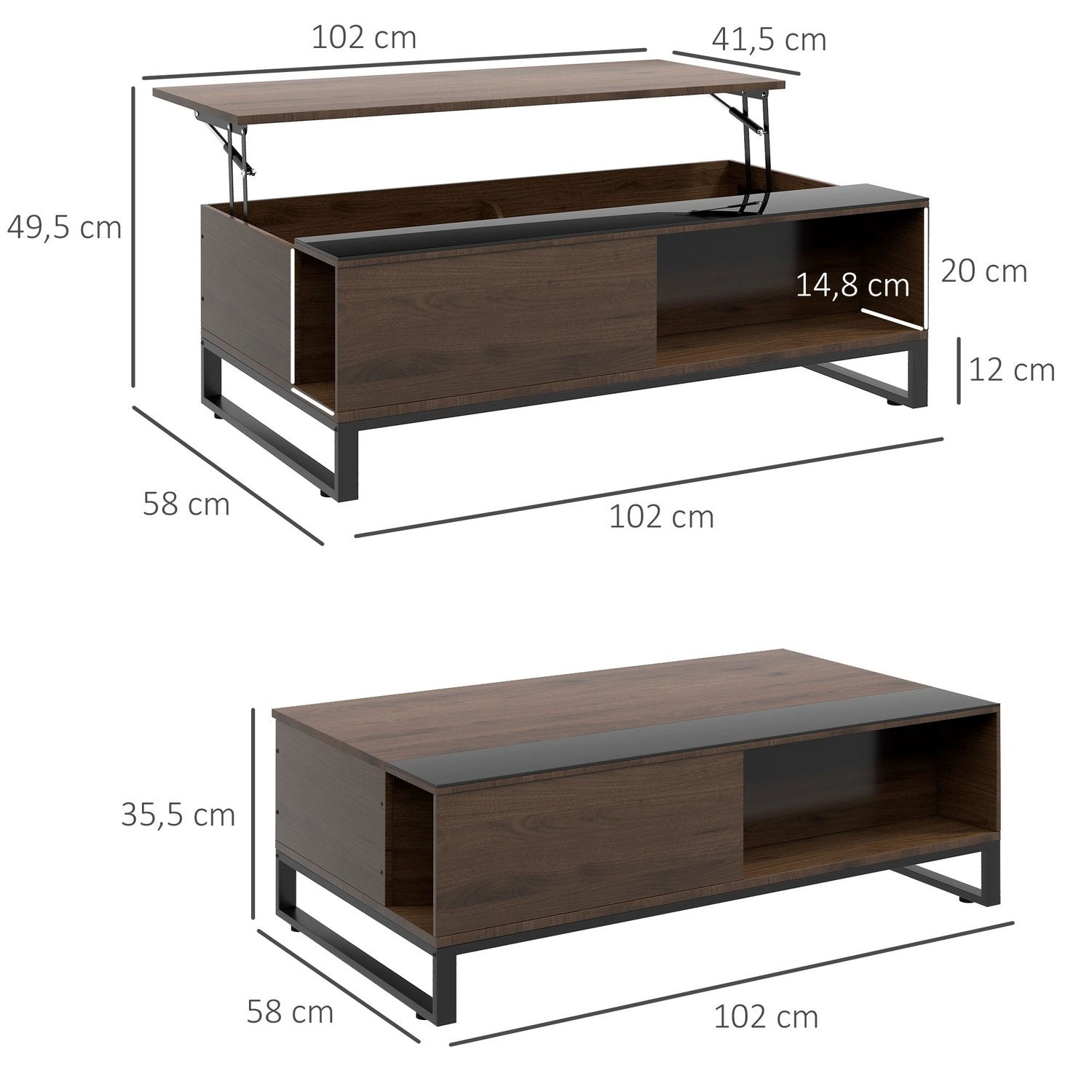 Salongbord, sidebord med løftefunksjon, sofabord med oppbevaringsplass, sofabord i moderne design, stål, valnøtt, svart, 102 X 58 X 35,5 cm