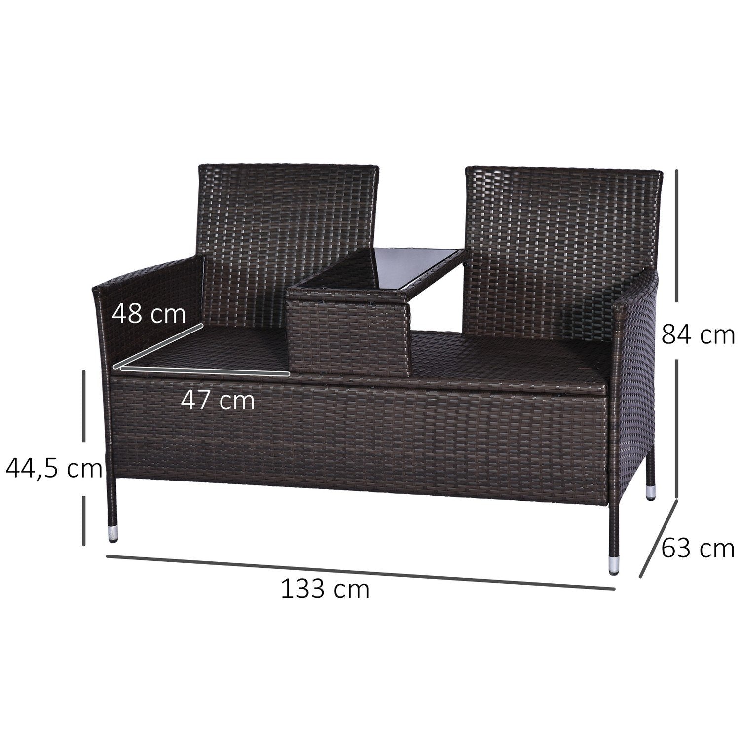 Polyrattan Bänk 2-Sits Bord Trädgårdsbänk Stålstomme Brun B133Xd63Xh84Cm