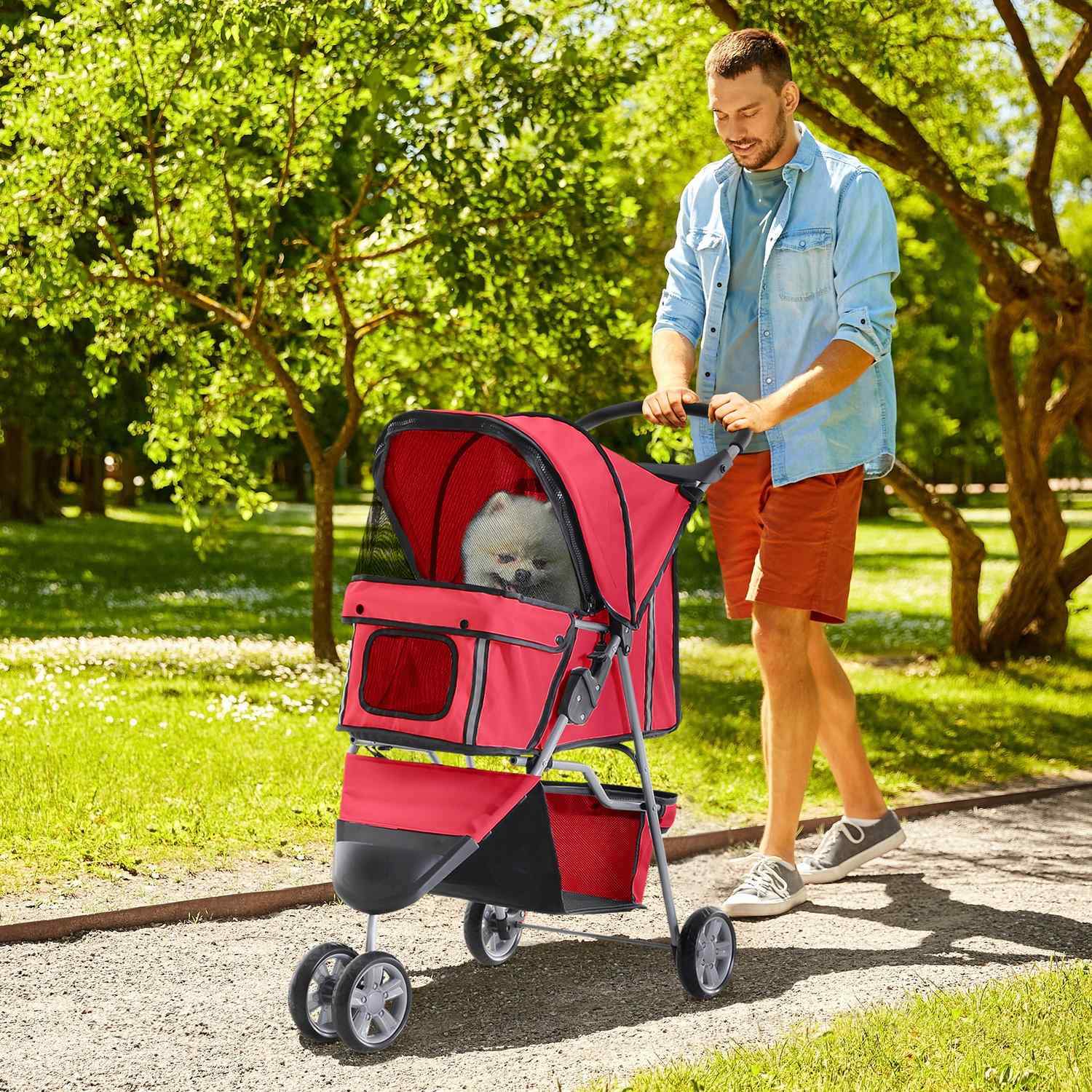 Hundvagn Flerfärgad Hundvagn För Promenader, Lätt Och Hopfällbar, För Hundar Och Katter, Röd