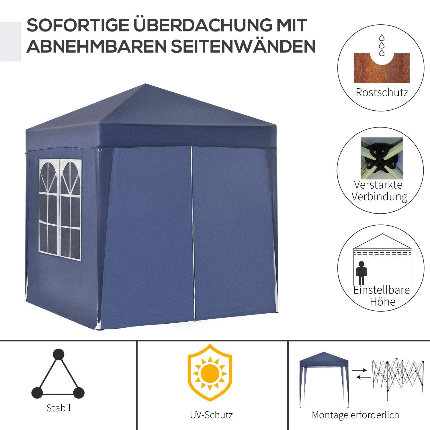 Lysthus 2X2M sammenleggbart lysthus 4 sidevegger med vindusdør med glidelås Hagetelt inkludert stenger Guy Tau Metall Oxford