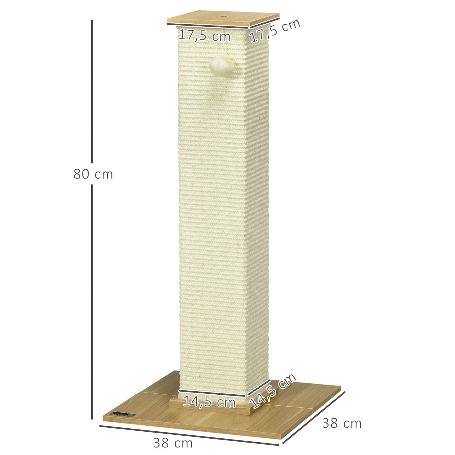 Skrapepinne 80 cm høy skrapestolpe med lekeball, skrapestolpe i sisaltau, skrapebrett, i eik + kremhvit, for katter