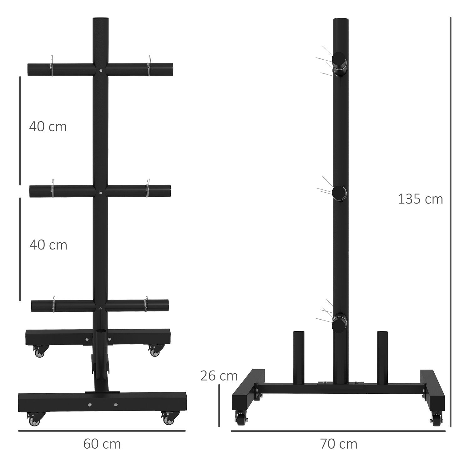 Vektstativ, Vektstativ med hjul og 6 stenger, 50 mm tallerkenholder, opptil 200 kg, stål, svart