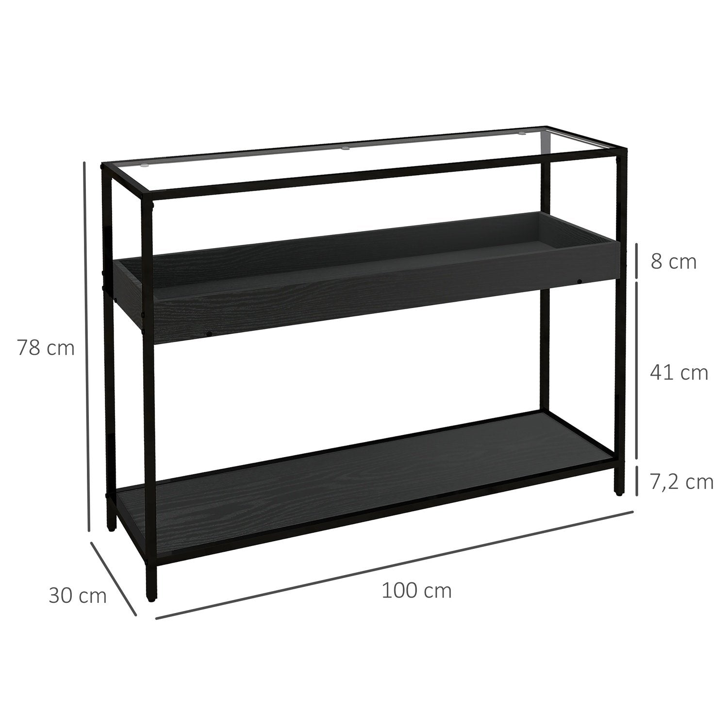 Konsollbord med 2 hyller, hallbord med glassplate, skostativ, stål, svart, 100X30X78 Cm