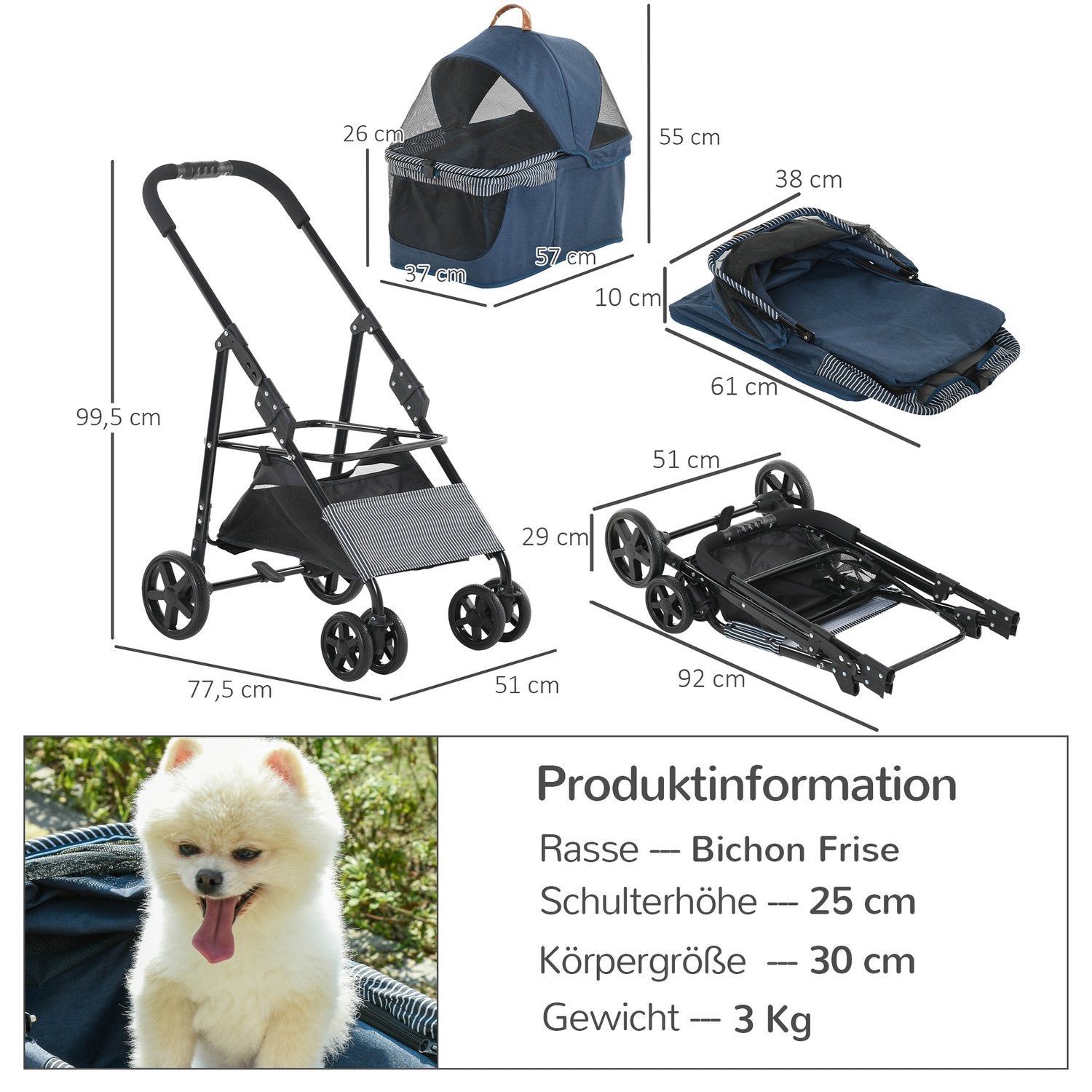 2-I-1 Hundvagn Transportväska Kattvagn Med Universalhjul Avtagbart Skydd Oxford Mörkblå + Svart 77,5 X 51 X 99,5 Cm