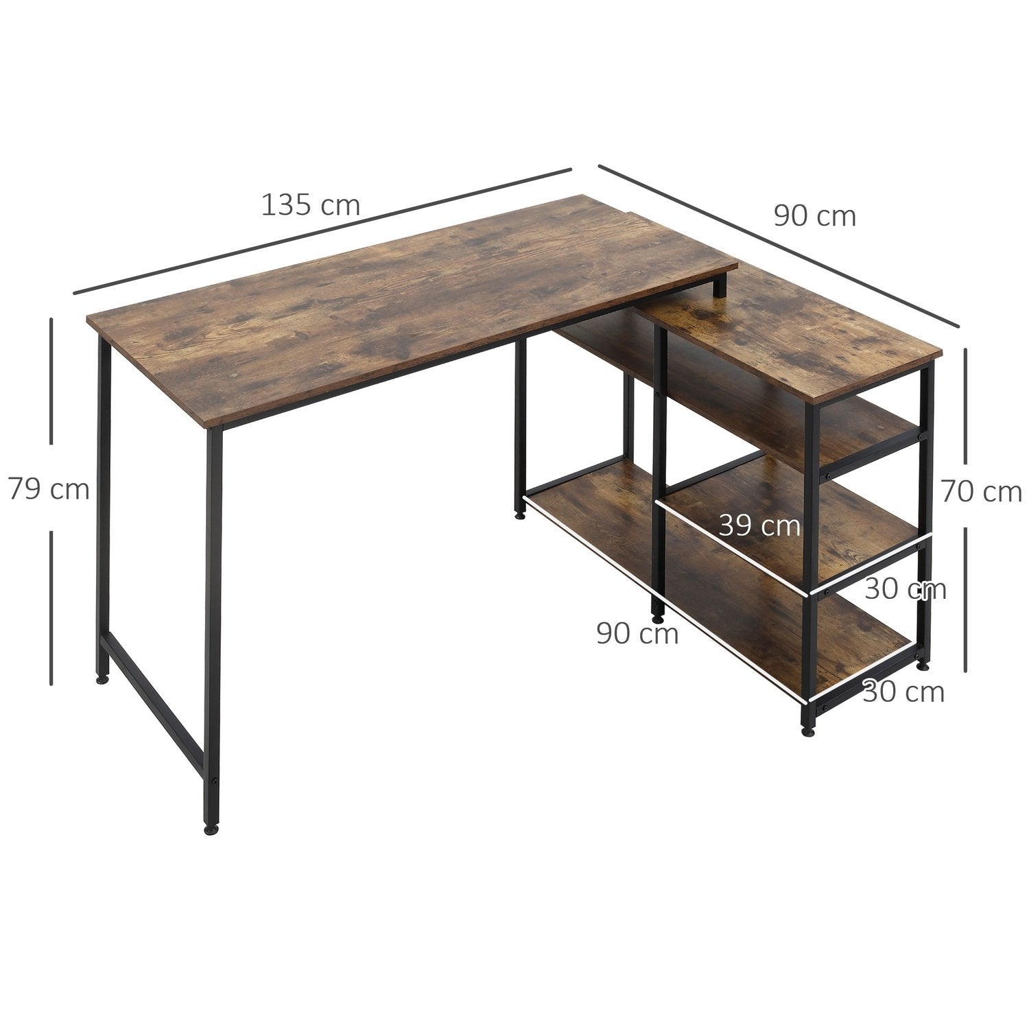 Hjørneskrivebord, L-formet PC-bord med hylle og skuff, kontorbord, metallsponplater, rustikkbrun, 135X90X79Cm