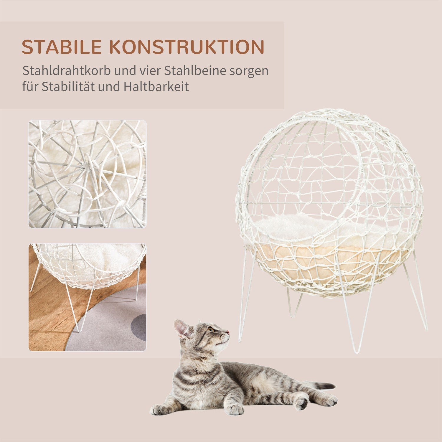 Rattan Cat Korg Cat Cave Med Kudde Upphöjd Design Djursäng Krämvit Ø45X57H Cm