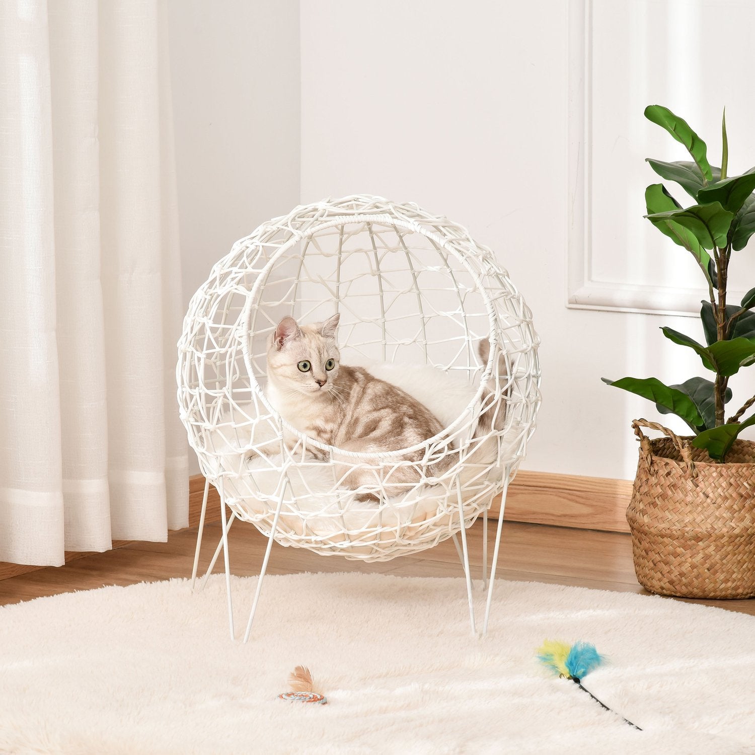 Rattan Cat Korg Cat Cave Med Kudde Upphöjd Design Djursäng Krämvit Ø45X57H Cm