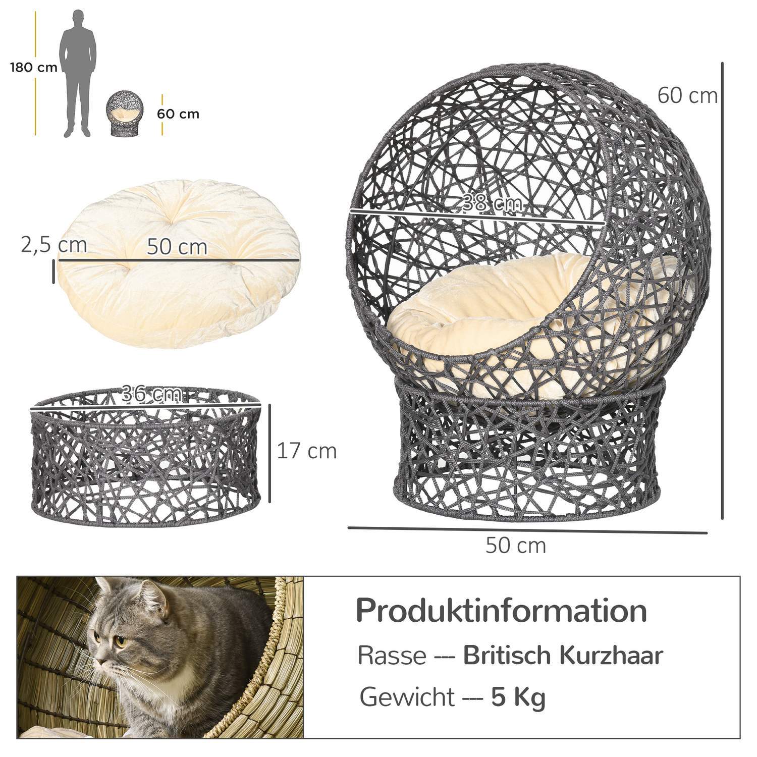 Katteseng Stilig kattehule med pute, polyestertau, lilla + kremhvit, sylindrisk bunn