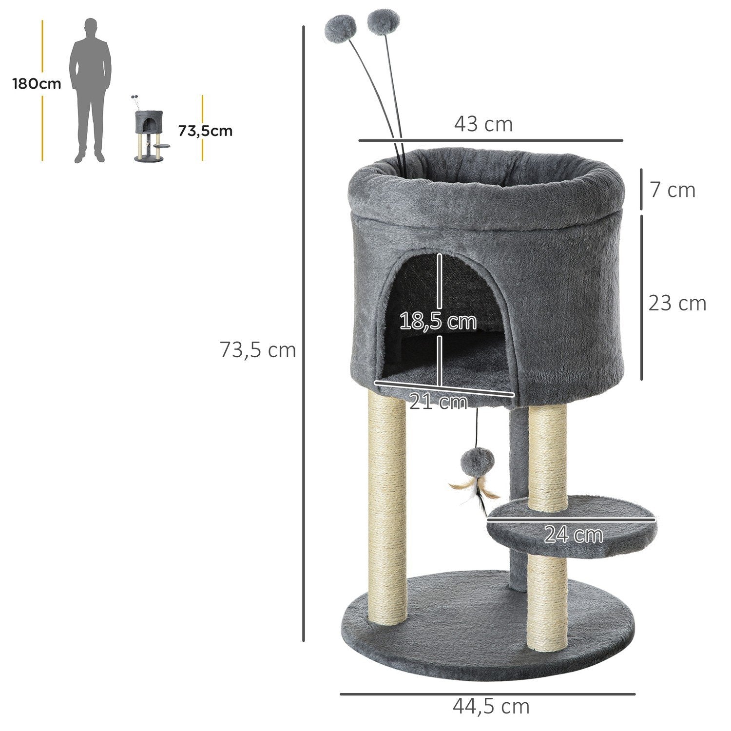 Ripestolpe 73,5H Cm Kattetre med kattehule og lekeball Klatretre Sisal-søyle Katteleke Plysjgrå + kremhvit