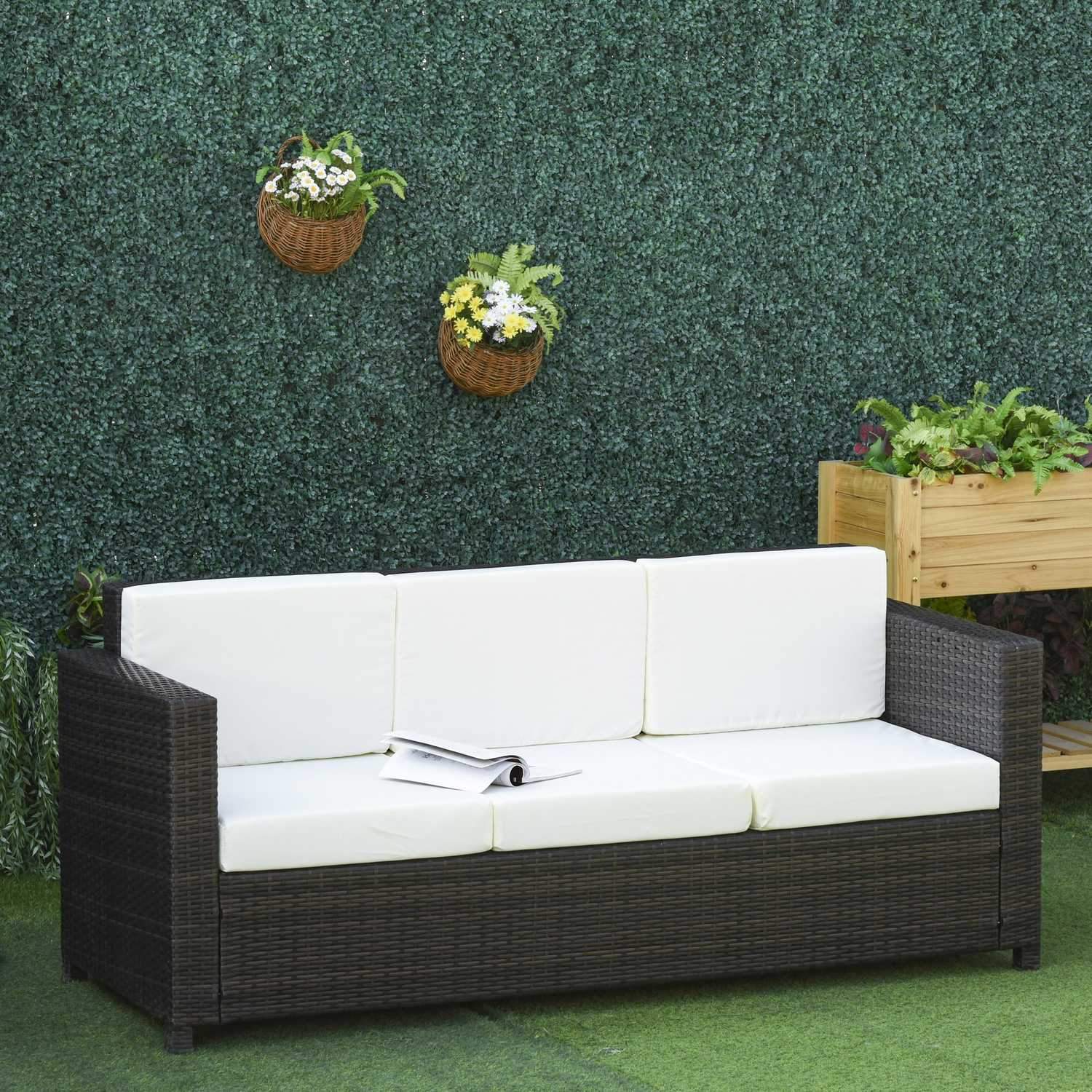 Poly Rattan Trädgårdslounge Soffa 3-Sits Med Kuddar, Metallpolyester, Brun+Vit, 185 X 70 X 80 Cm