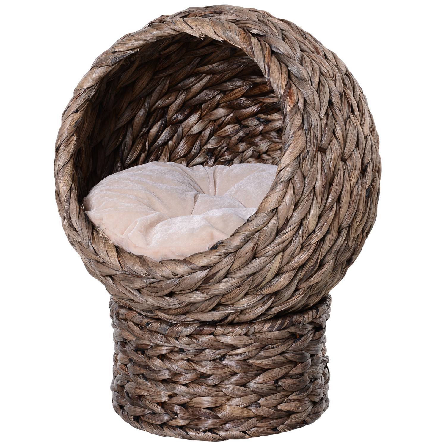 Rattan kattekurv Koselig kattehule med pute, kjæledyrseng laget av vannhyasint, mørkebrun, 42X33X52Cm