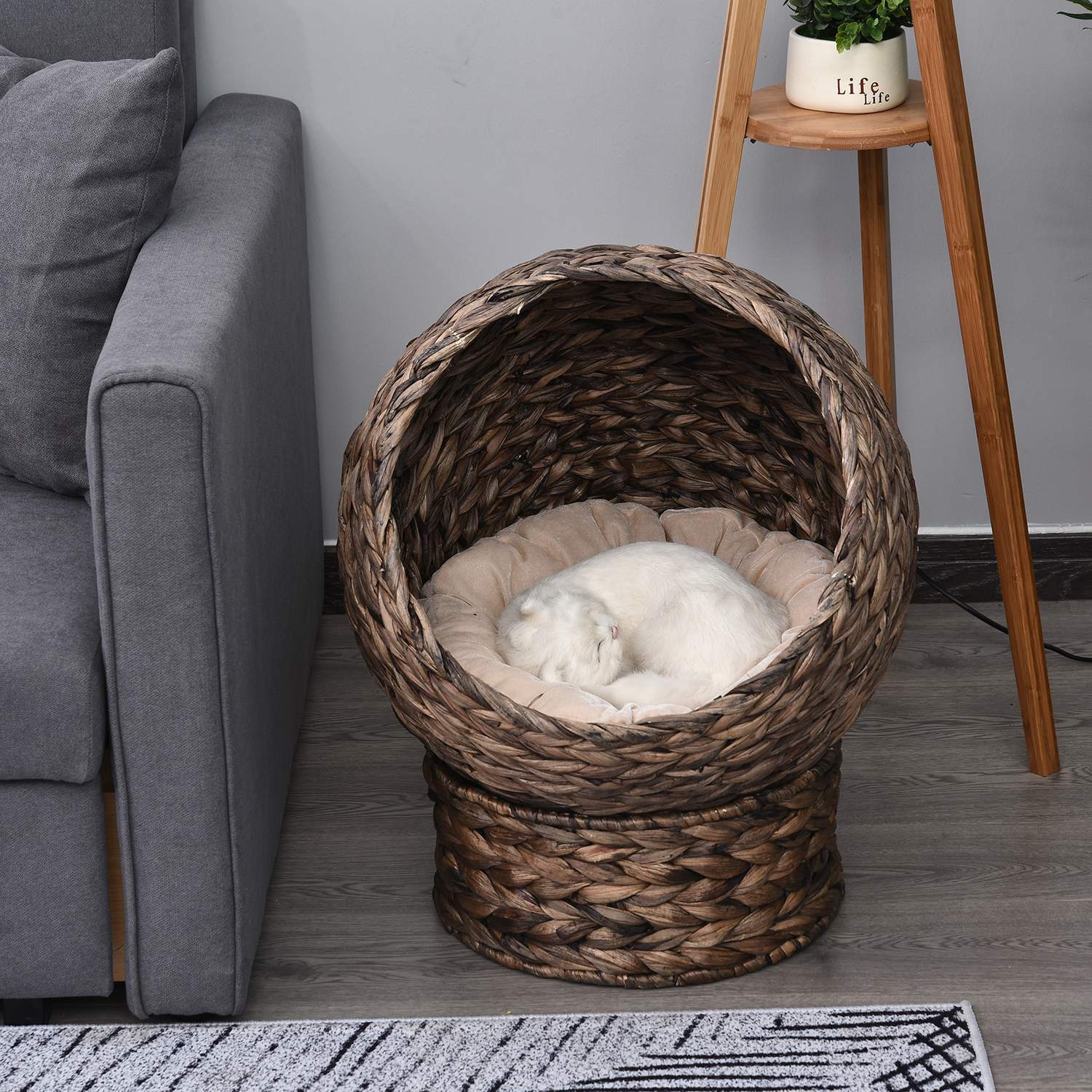 Rattan Cat Basket Mysig Cat Cave Gjord Av Vattenhyacint, Mörkbrun, Perfekt För Vardagsrum, 50X42X60Cm