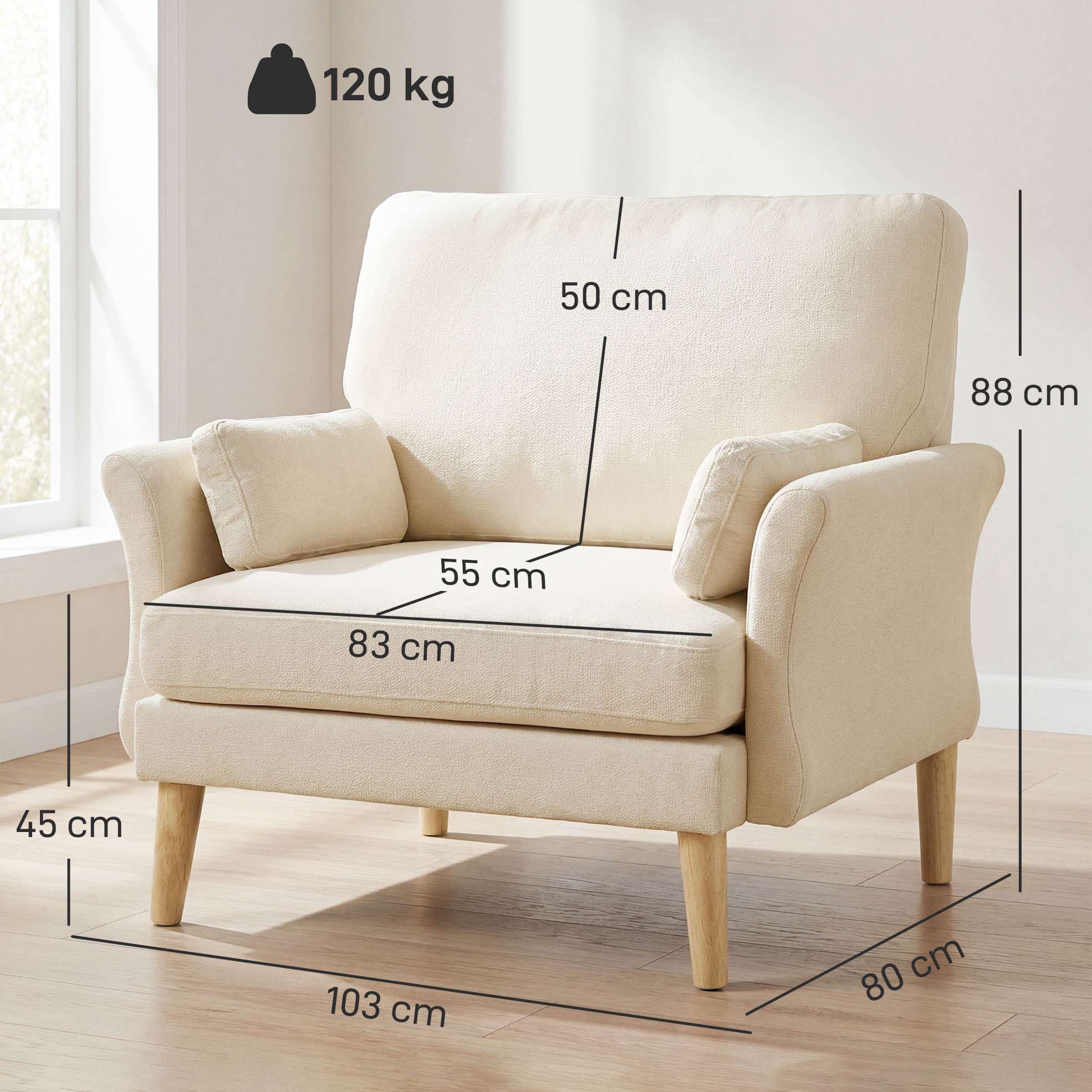Cremefärgad sammetsfåtölj, 83 cm sits, inkluderar 2 kuddar