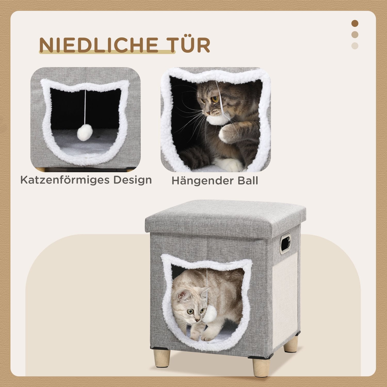 Cat Cave Ottoman Med Kudde Och Repmatta Spelboll Anti-Slip Grå Polyester För Katter