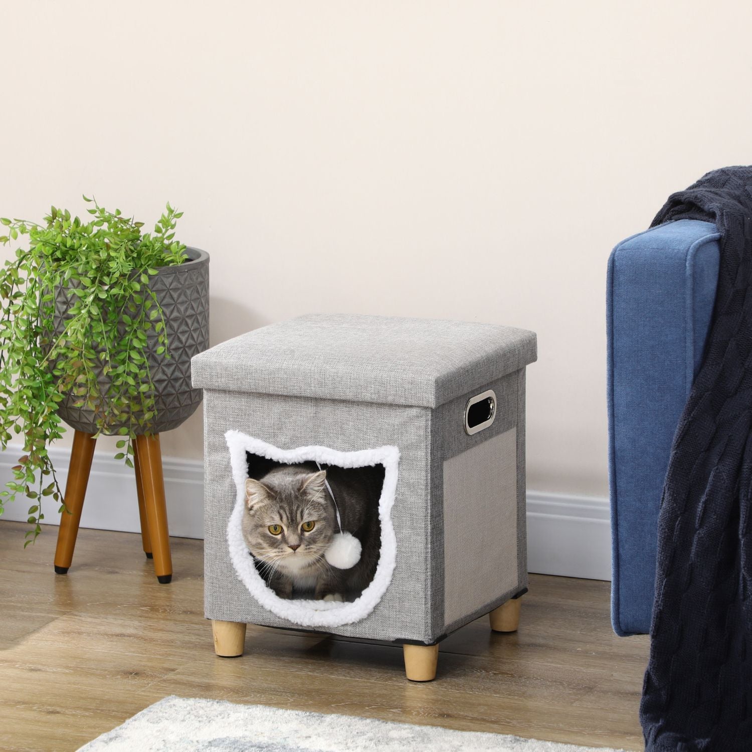 Cat Cave Ottoman Med Kudde Och Repmatta Spelboll Anti-Slip Grå Polyester För Katter