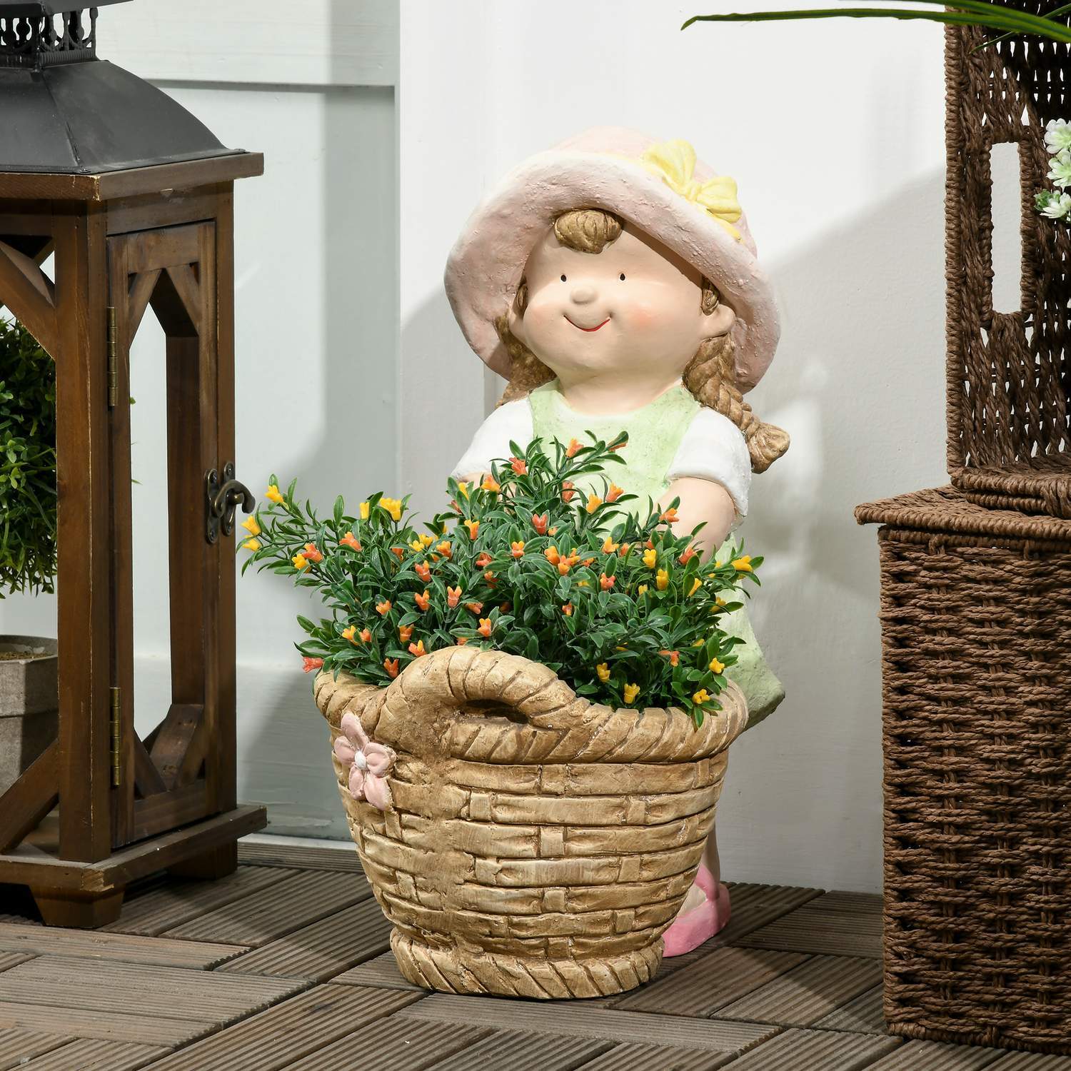 Jente med blomsterpotte Værbestandig hagefigur Plantepotte Ornament Skulptur For Home Decor Hagegård