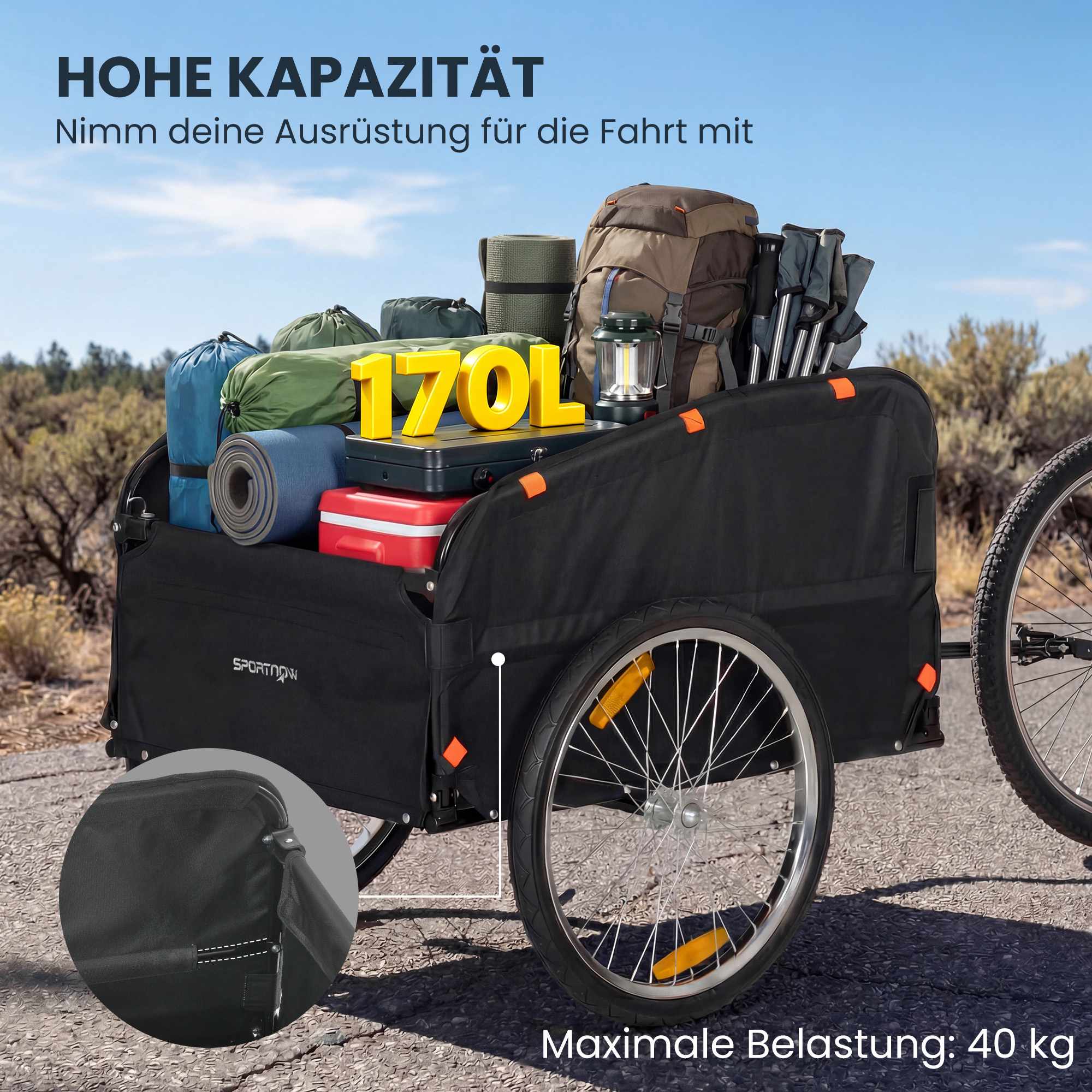 Cykelkärra med 170L lastlåda, passar 22"-28" hjul