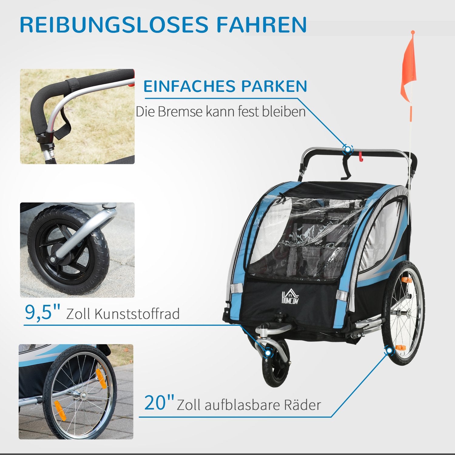 Cykelsläp & barnvagn, 360° svängbar, stålram, blå/svart