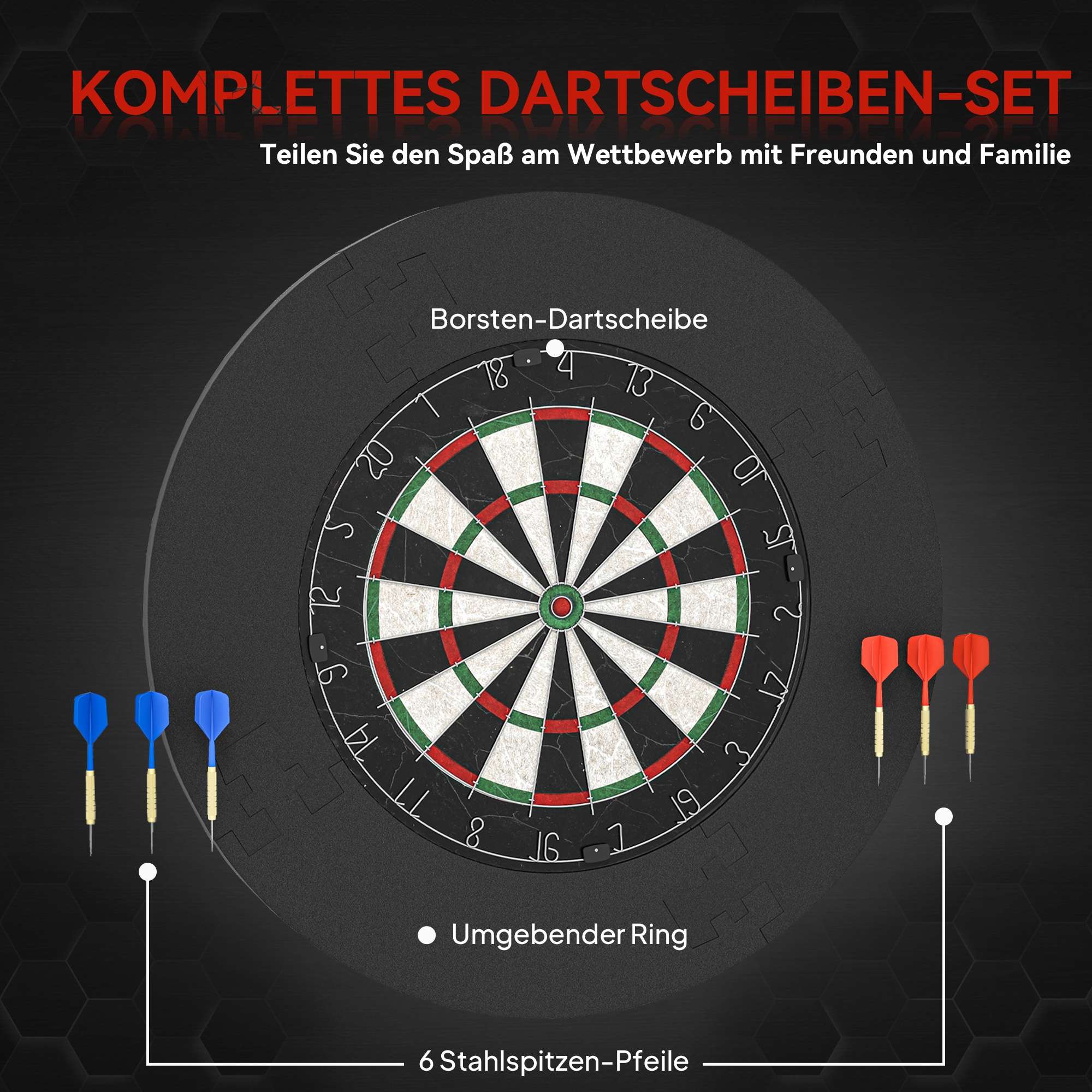Darttavleset med sisalbräda, säkerhetsring, 6 stålpilar