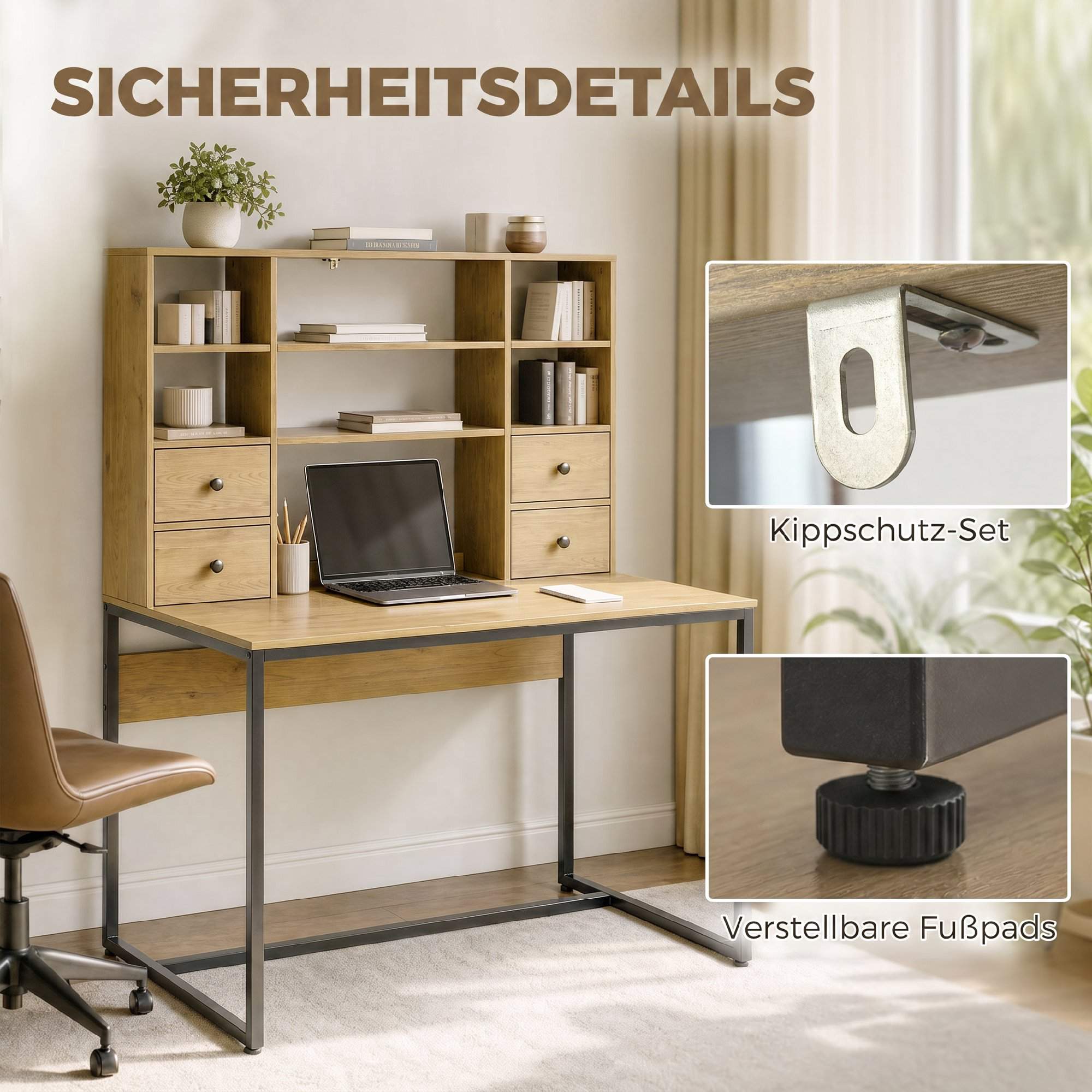 Datorskrivbord 105 cm med 4 lådor och hyllor, naturfärgad