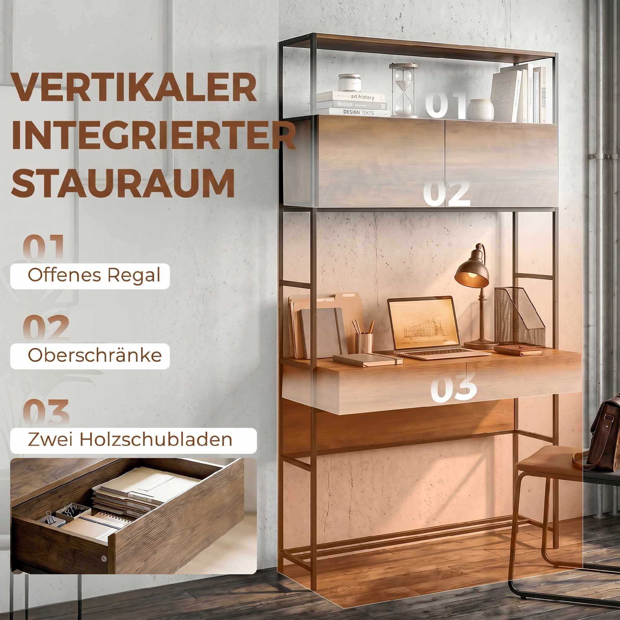 Datorskrivbord med hyllor och 2 lådor, brunt, 185 cm
