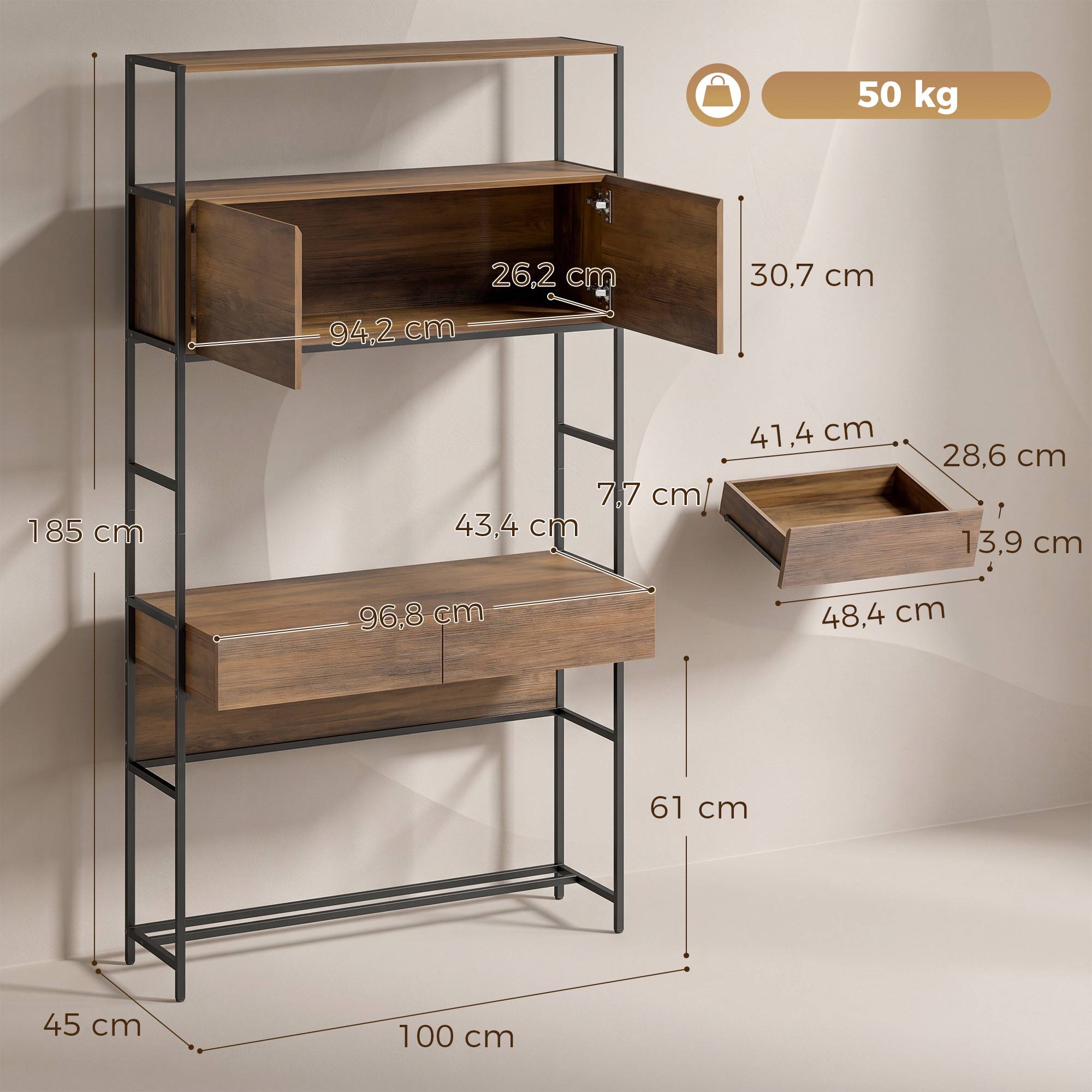 Datorskrivbord med hyllor och 2 lådor, brunt, 185 cm