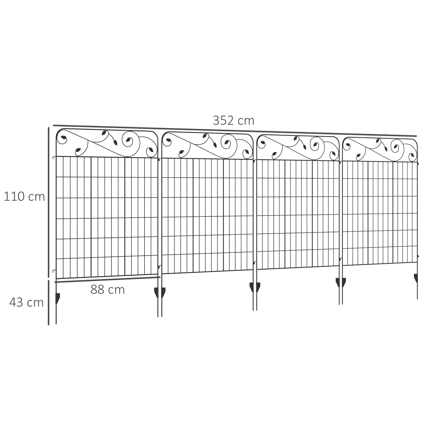 Dekorativt trädgårdsstaket i svart metall, 3,52 x 1,1 m, 4-pack