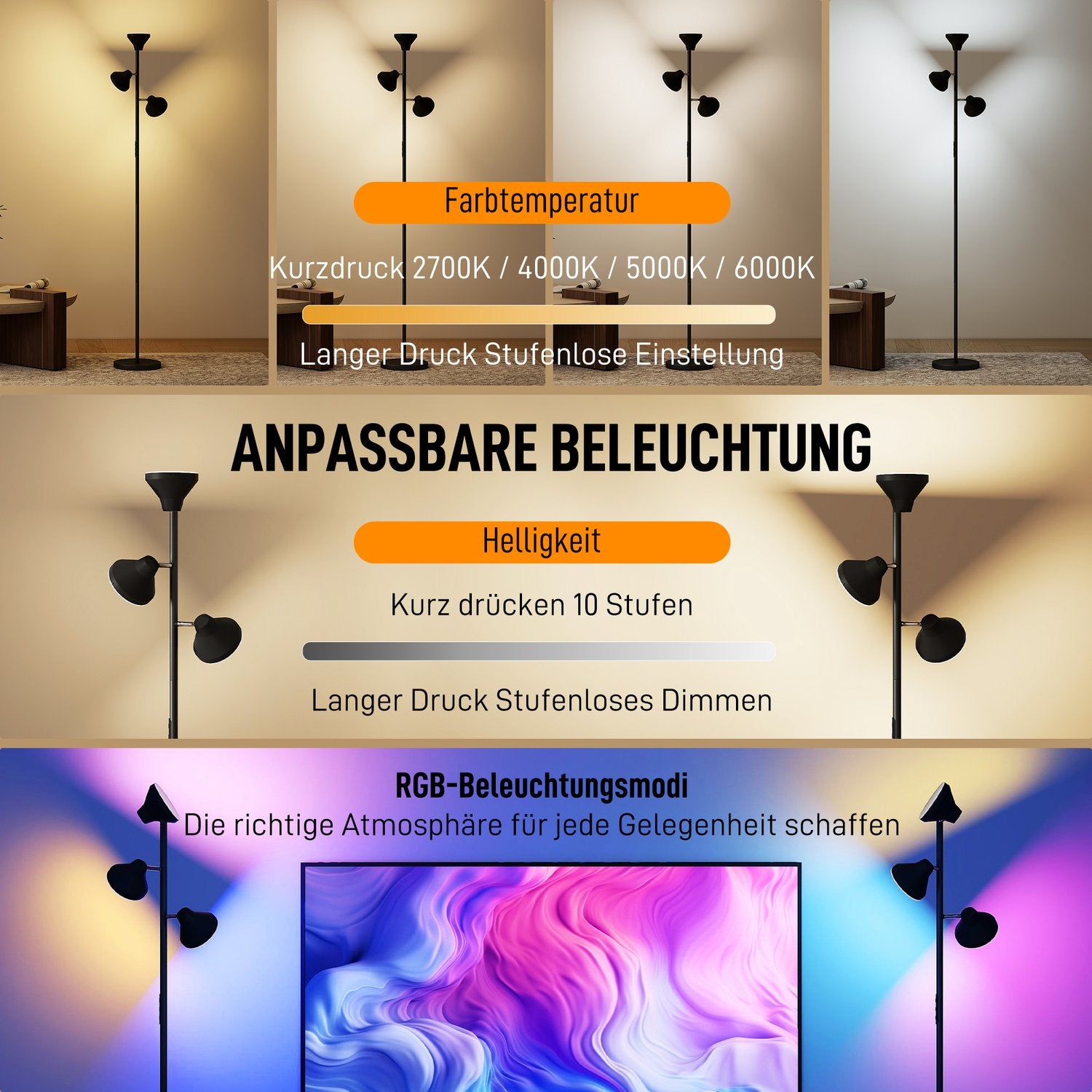 Dimbar golvlampa med läslampa, RGB, fjärrkontroll
