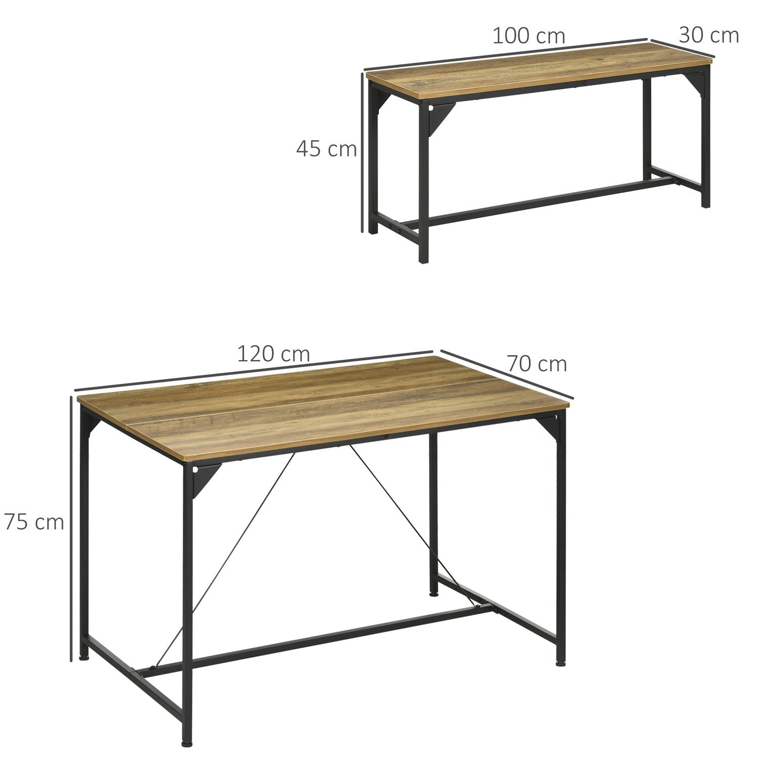 Spisegruppesett med 3 spisebord med 2 benker for 4 personer, naturlig, perfekt for kjøkken og stue