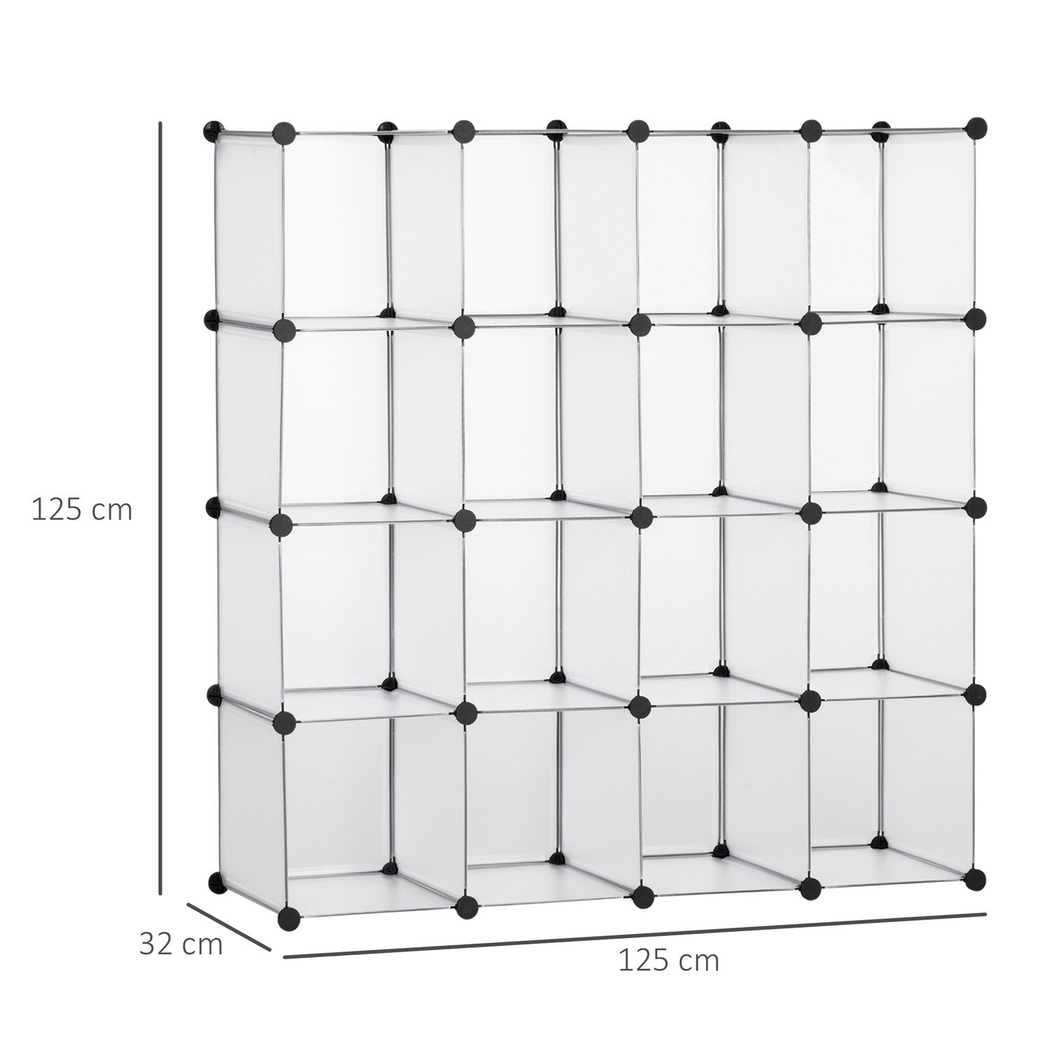 Gjør-det-selv kubehyllesystem med 16 kuber, oppbevaringsboks, plastskap, hvit, 125X32X125cm