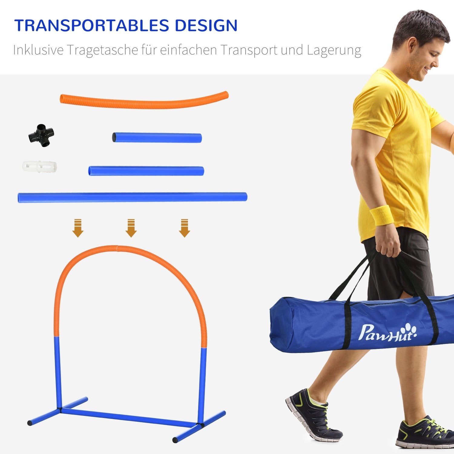 Hunde Agility Treningsutstyr, Hunde Agility Sett, 4-delt Hunde Treningssett med bæreveske, blå + oransje, 88 X 64 X 95 Cm